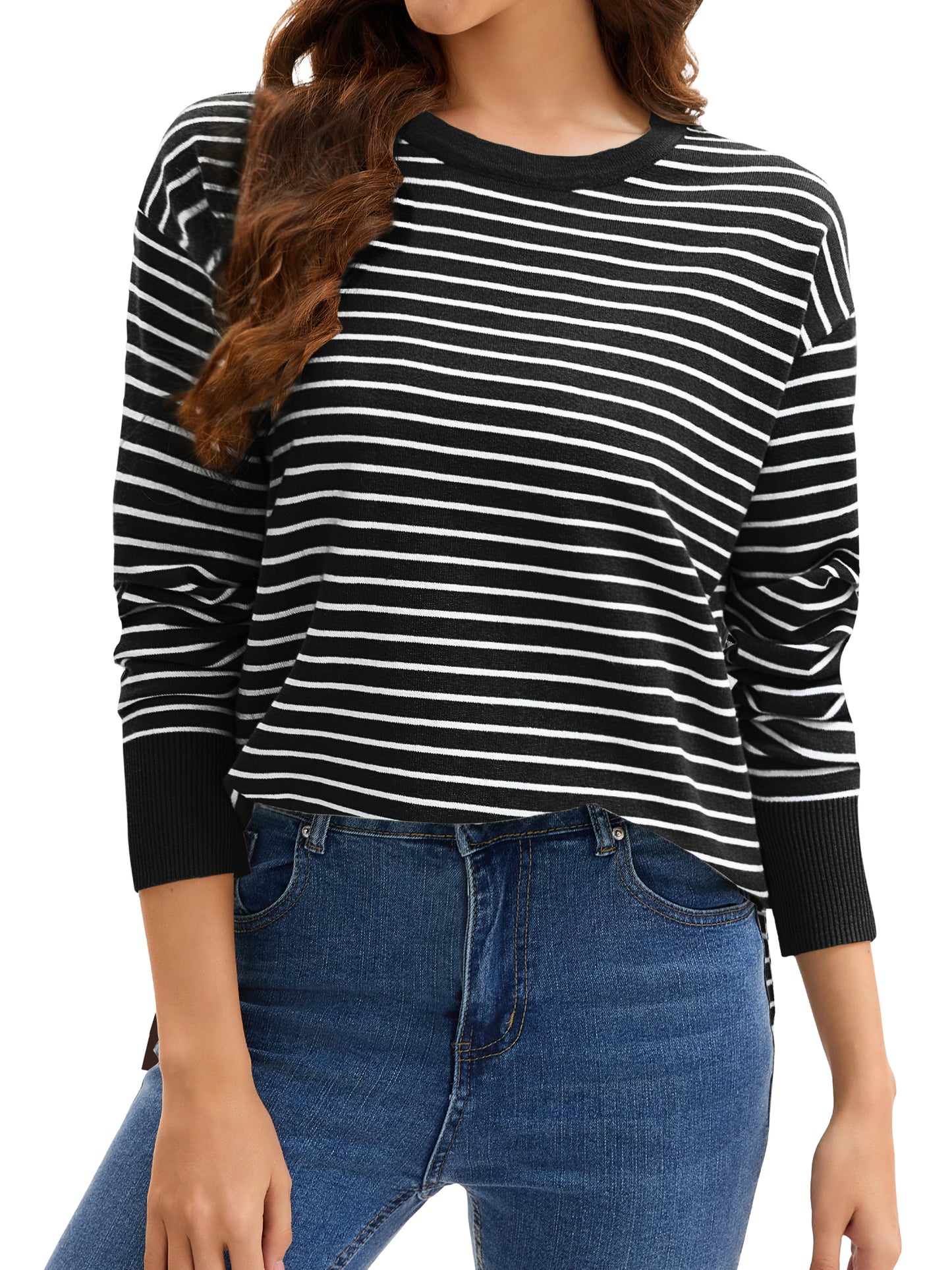 Women's Striped Sweater Side Slits Knit Crew Neck Oversized Pullover Tops