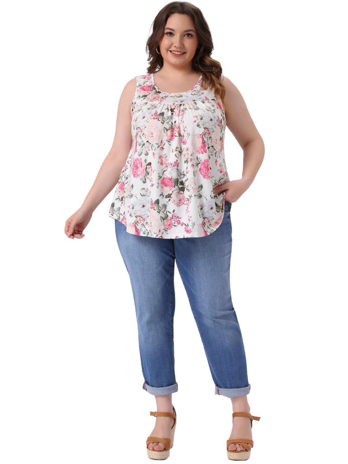 Women Plus Size Boho Round Neck Pleated Sleeveless Curved Hem Flowy Tank Top