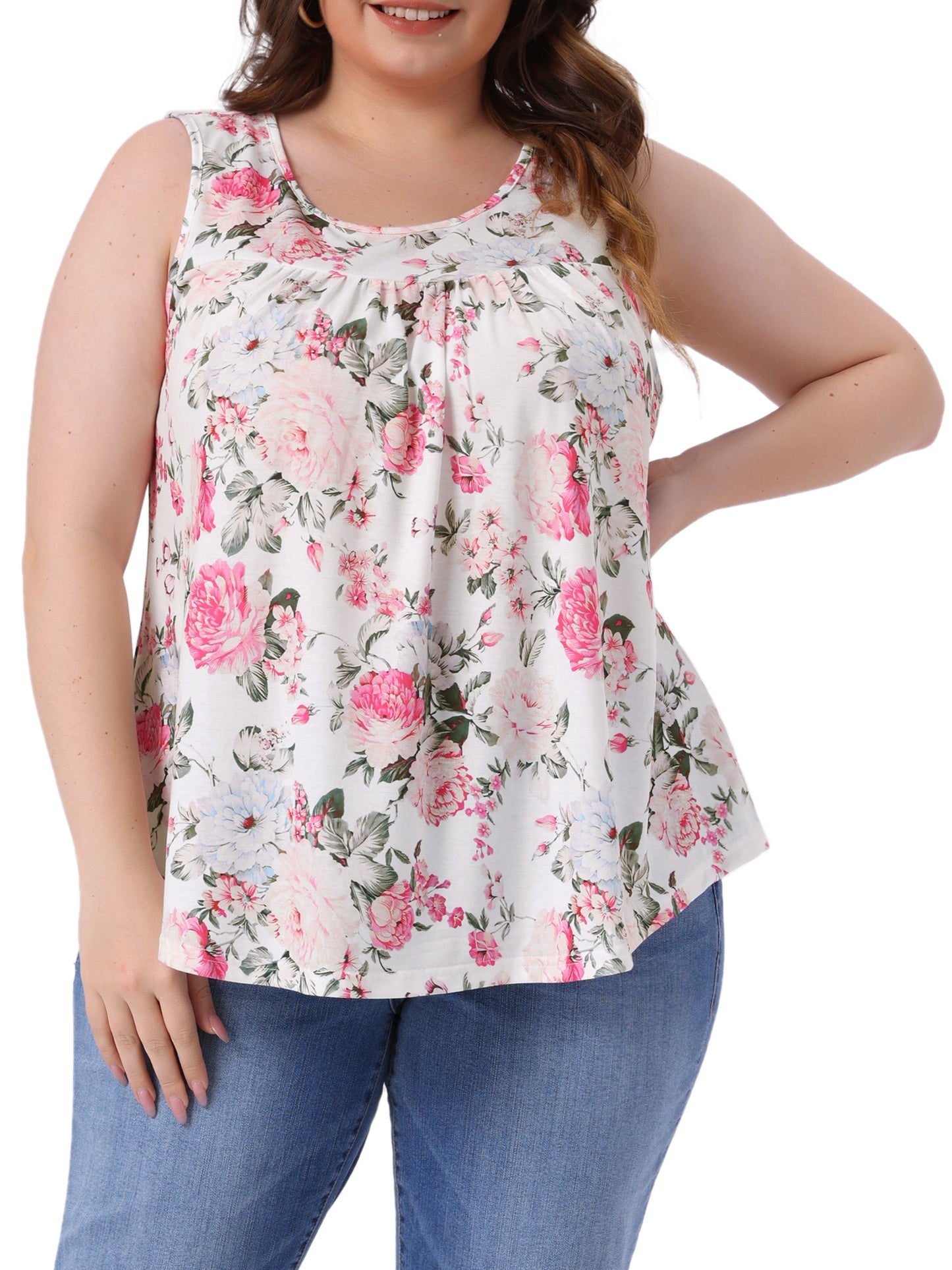 Women Plus Size Boho Round Neck Pleated Sleeveless Curved Hem Flowy Tank Top