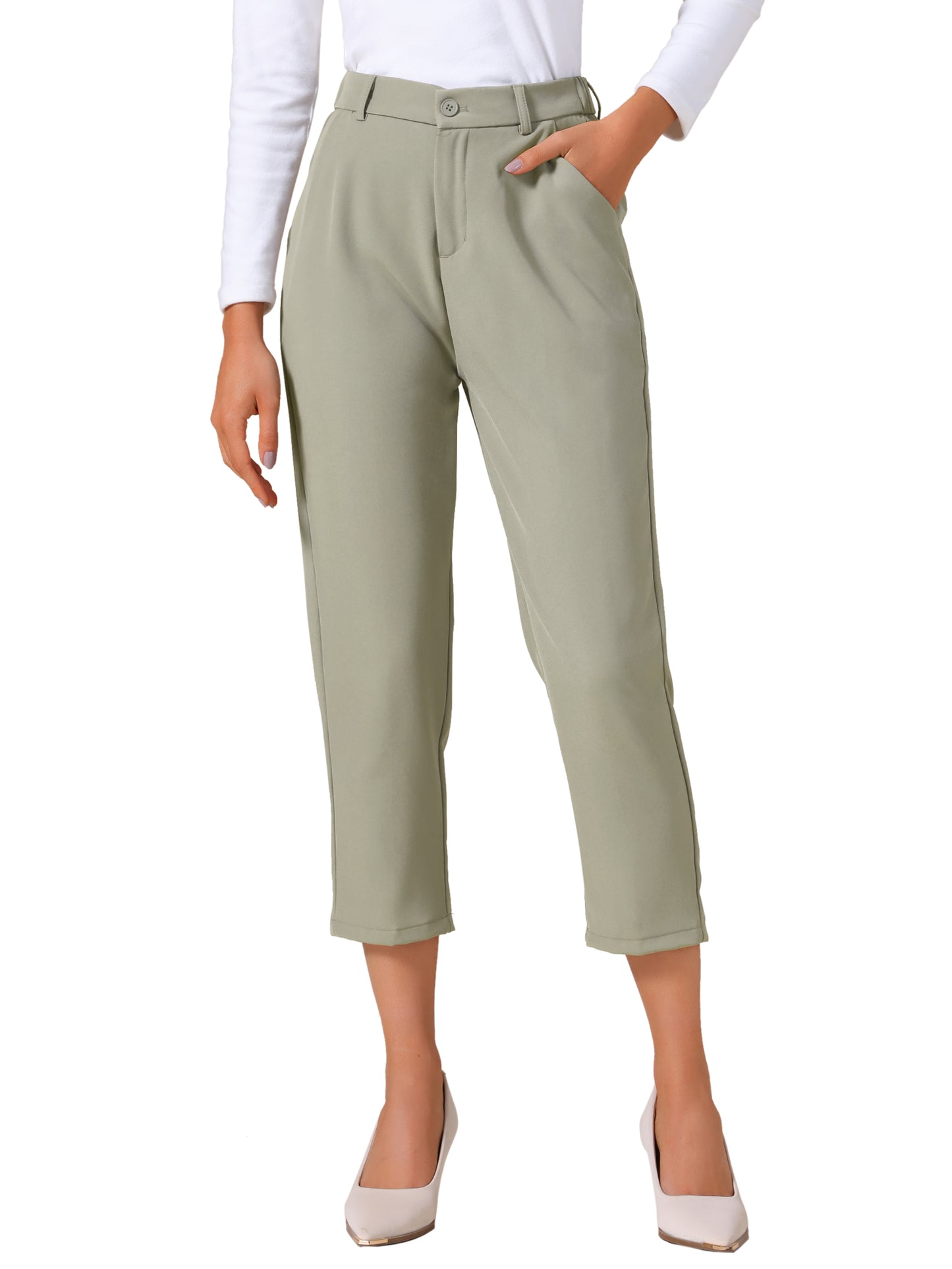 Women's Business Casual Pants Cropped Length Work Office Trousers with Pockets