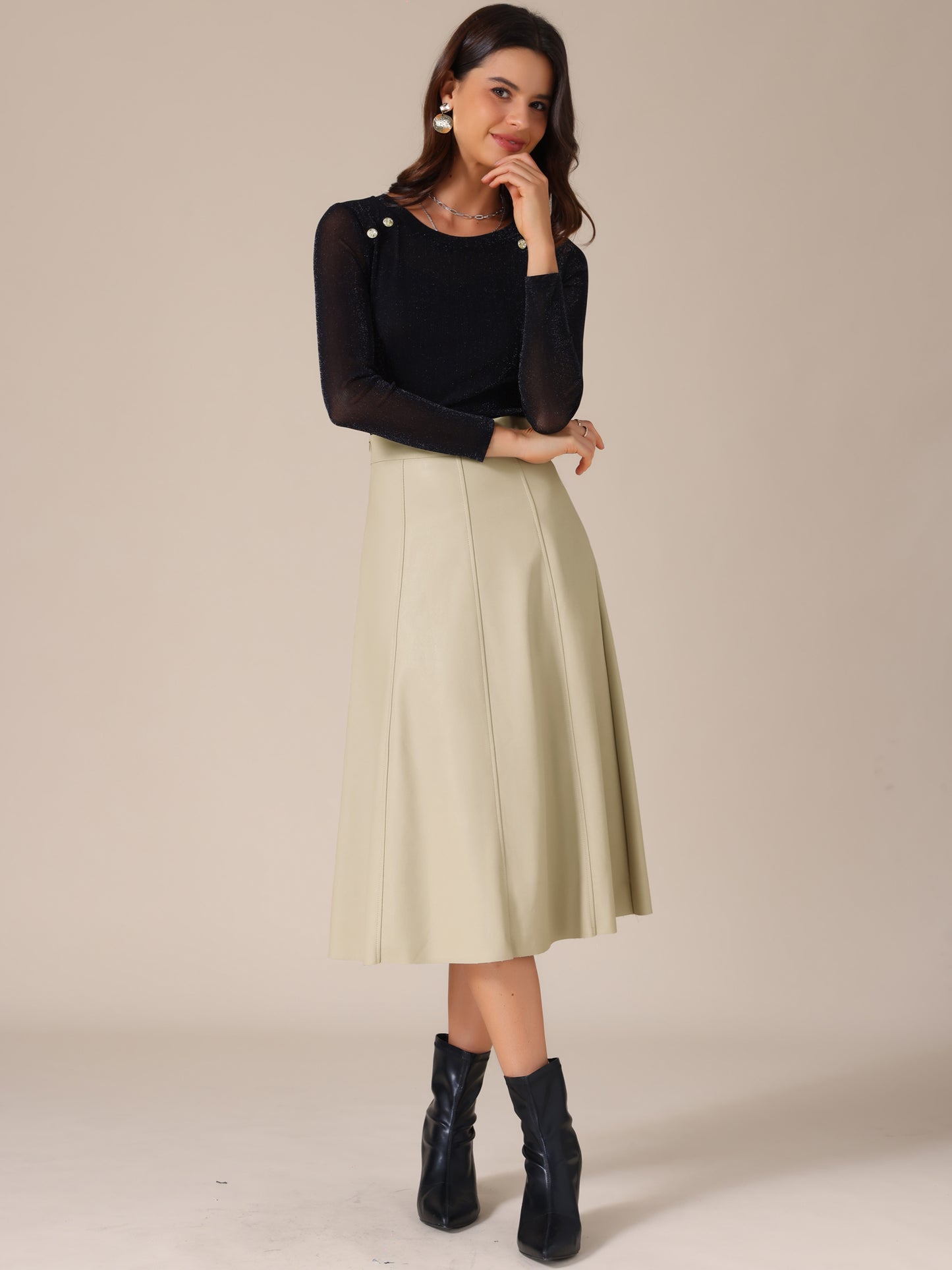 Women's High Waist A Line Faux PU Leather Midi Skirt