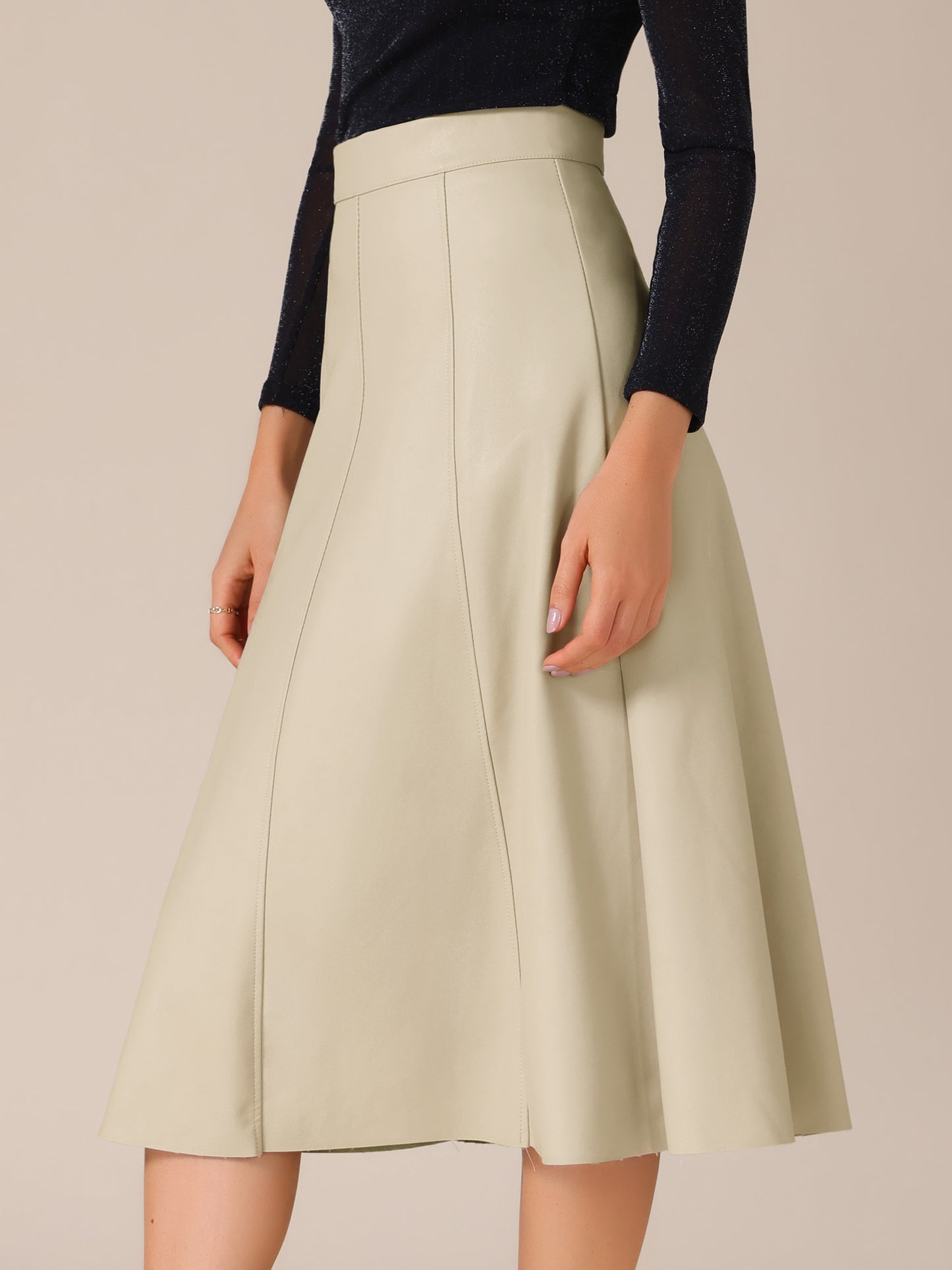 Women's High Waist A Line Faux PU Leather Midi Skirt