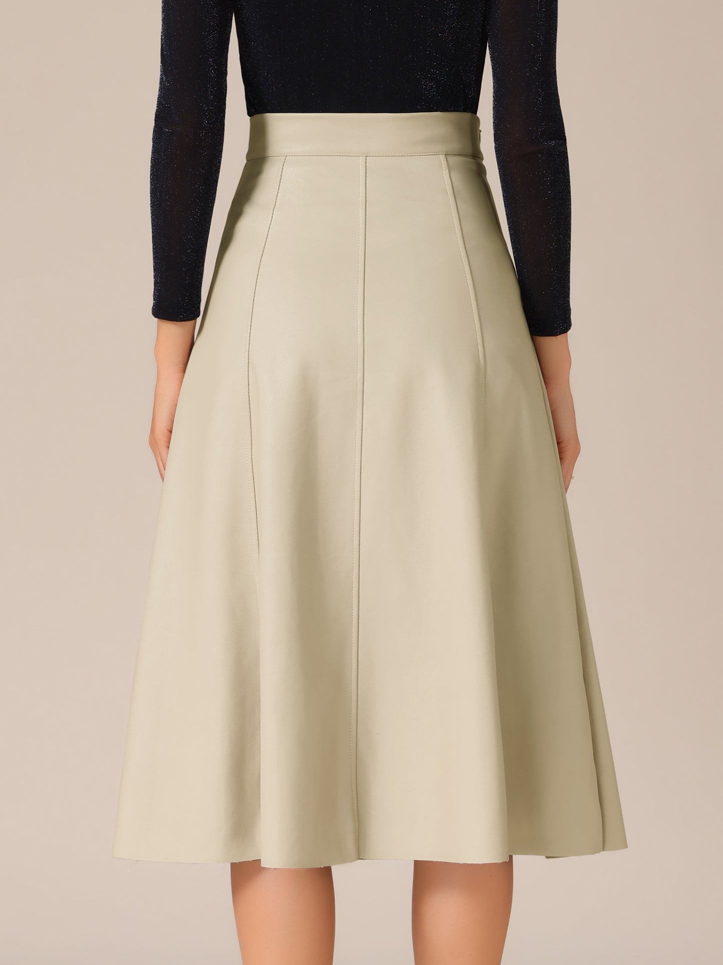Women's High Waist A Line Faux PU Leather Midi Skirt