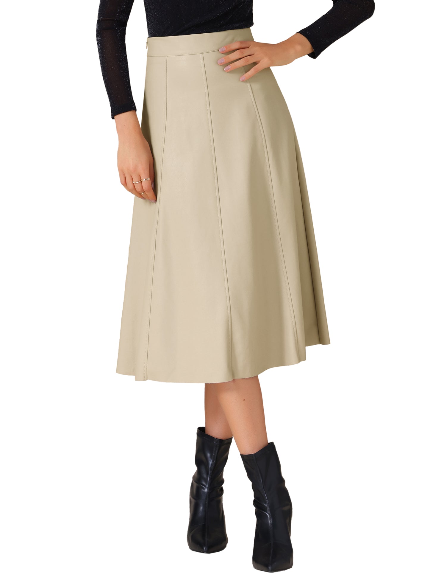 Women's High Waist A Line Faux PU Leather Midi Skirt
