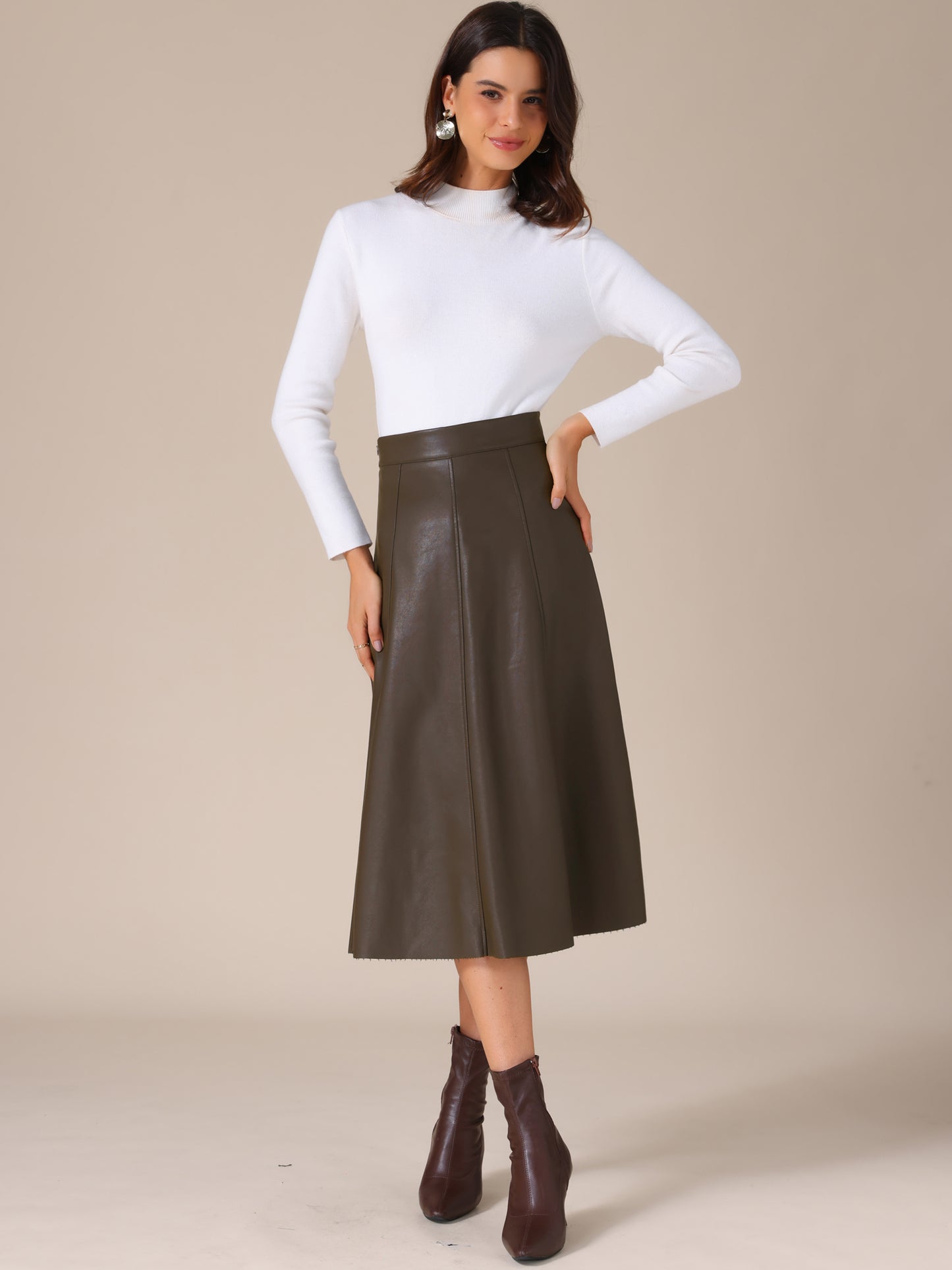 Women's High Waist A Line Faux PU Leather Midi Skirt