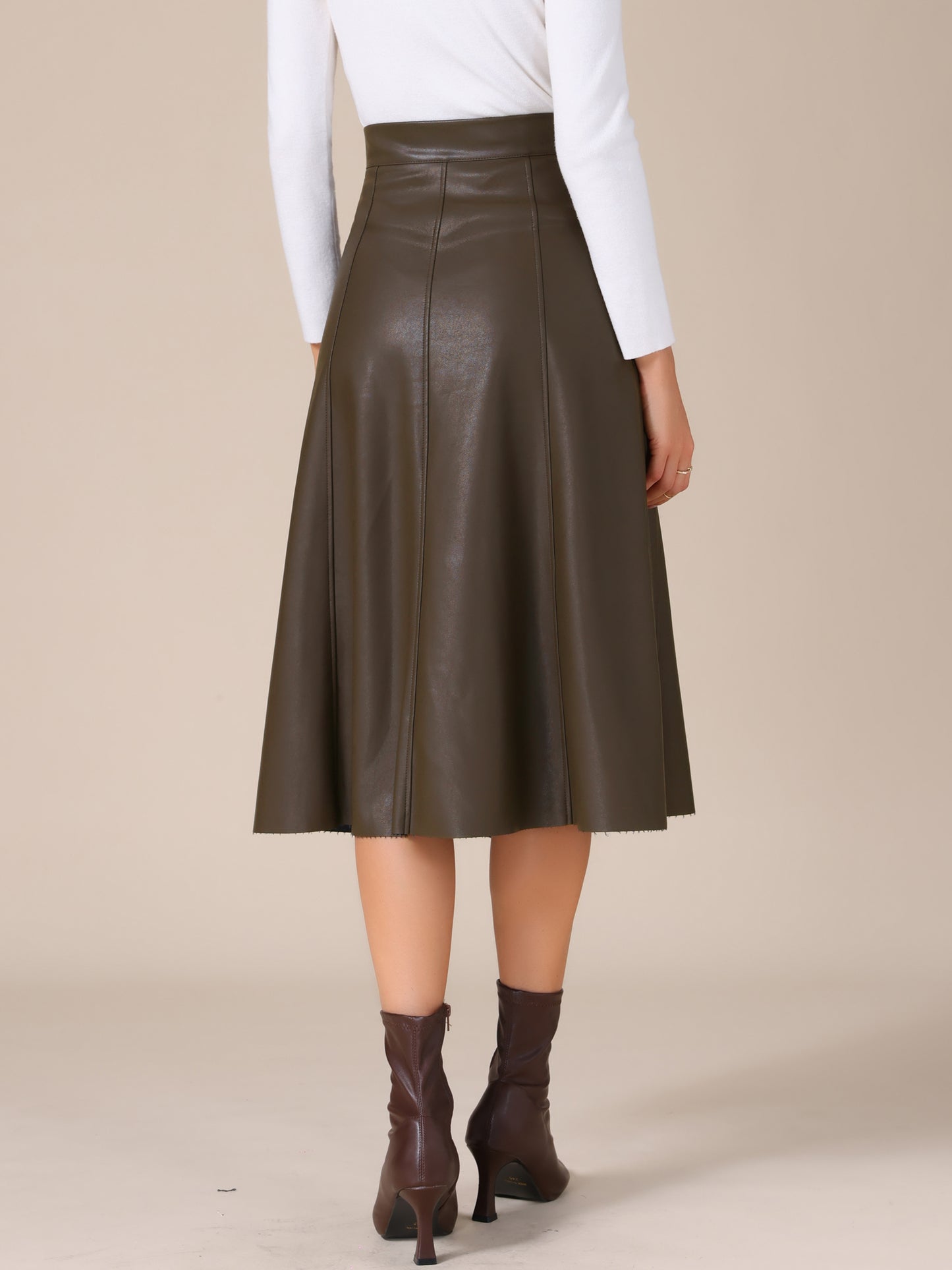 Women's High Waist A Line Faux PU Leather Midi Skirt