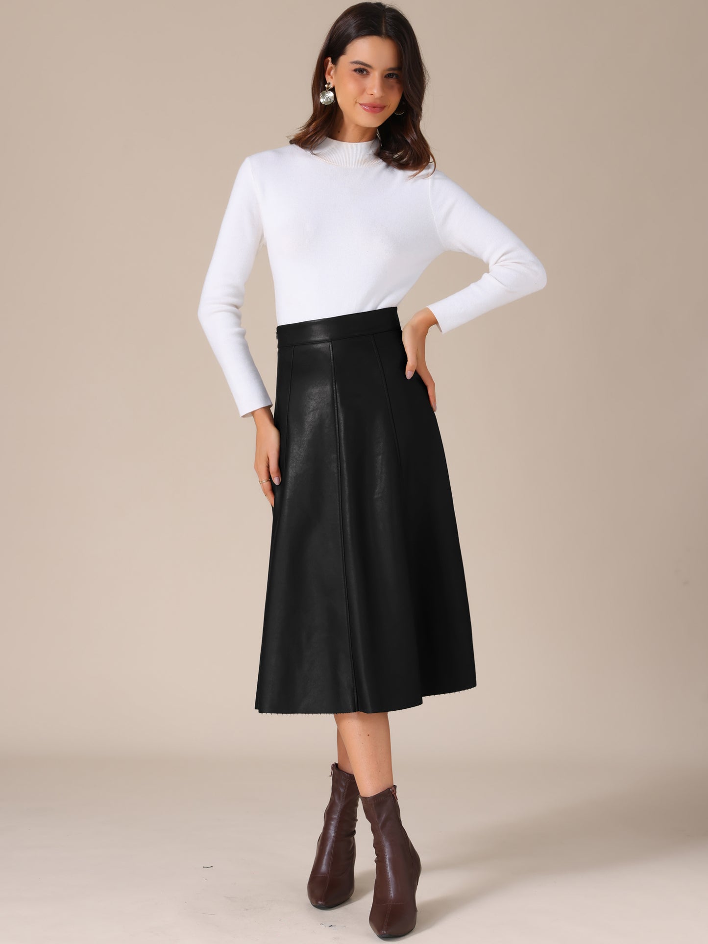 Women's High Waist A Line Faux PU Leather Midi Skirt