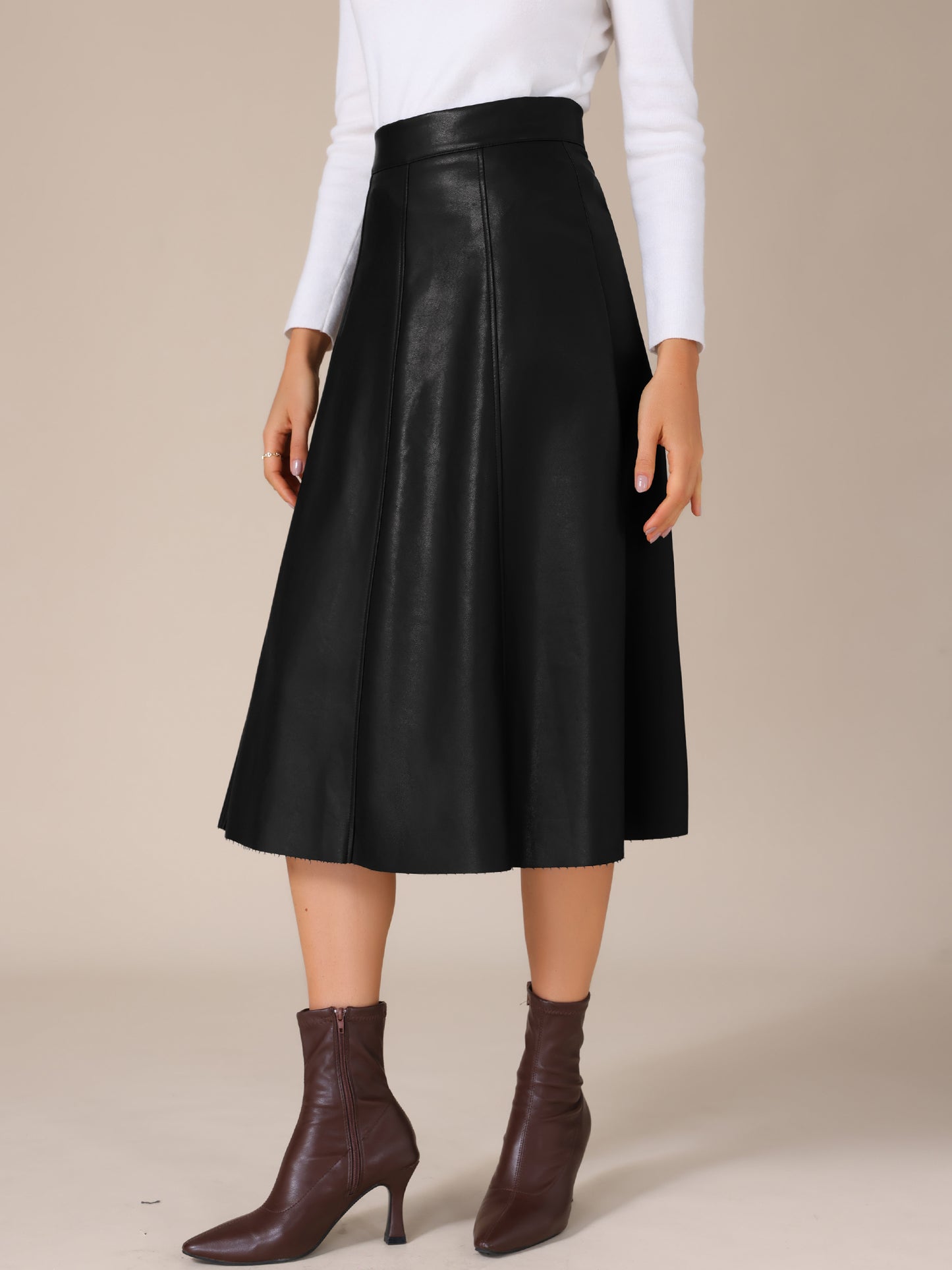 Women's High Waist A Line Faux PU Leather Midi Skirt