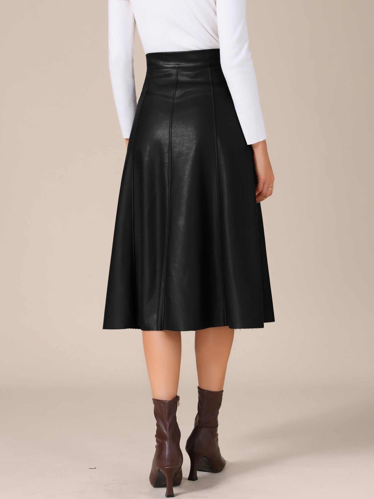 Women's High Waist A Line Faux PU Leather Midi Skirt