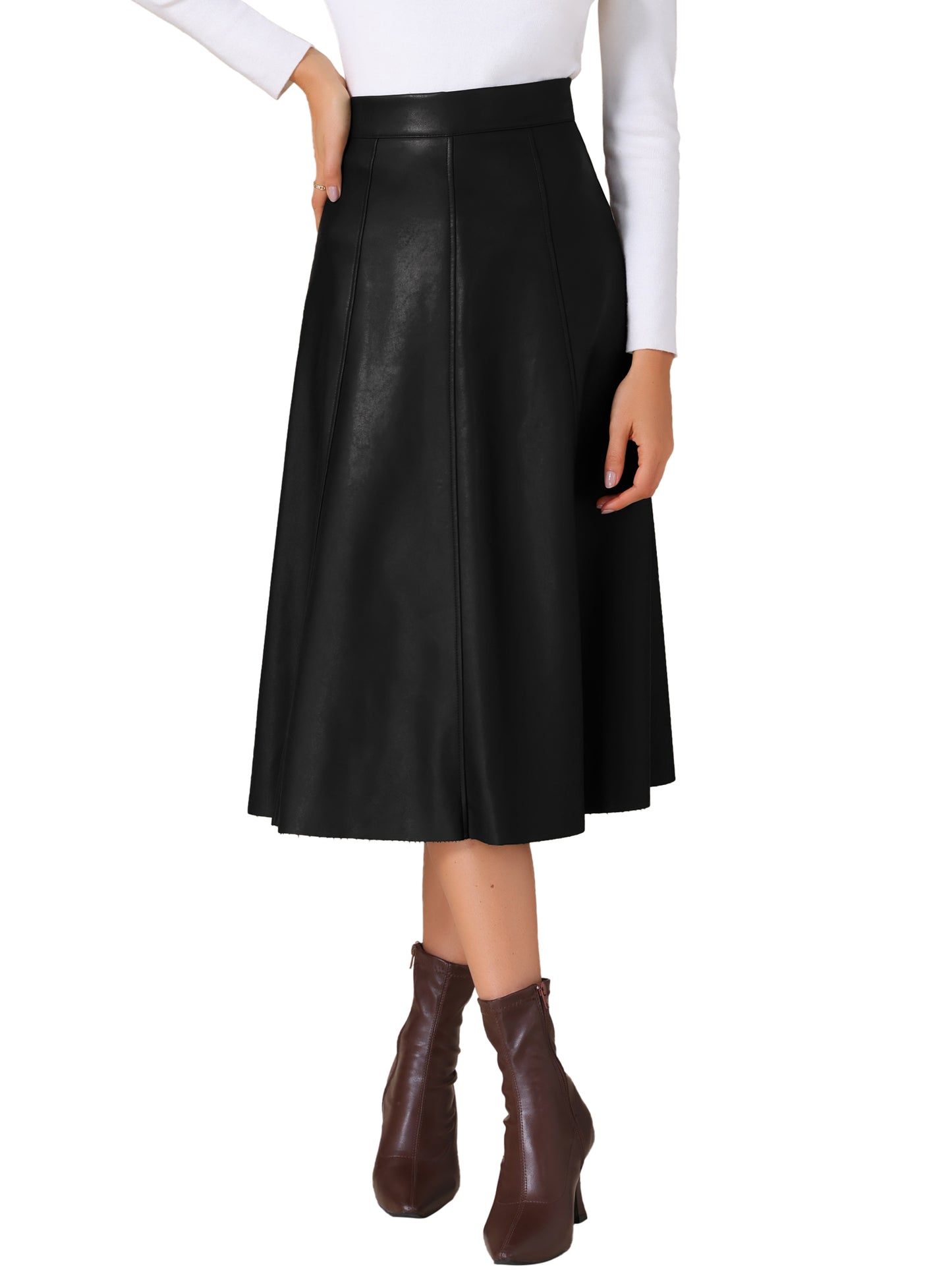 Women's High Waist A Line Faux PU Leather Midi Skirt