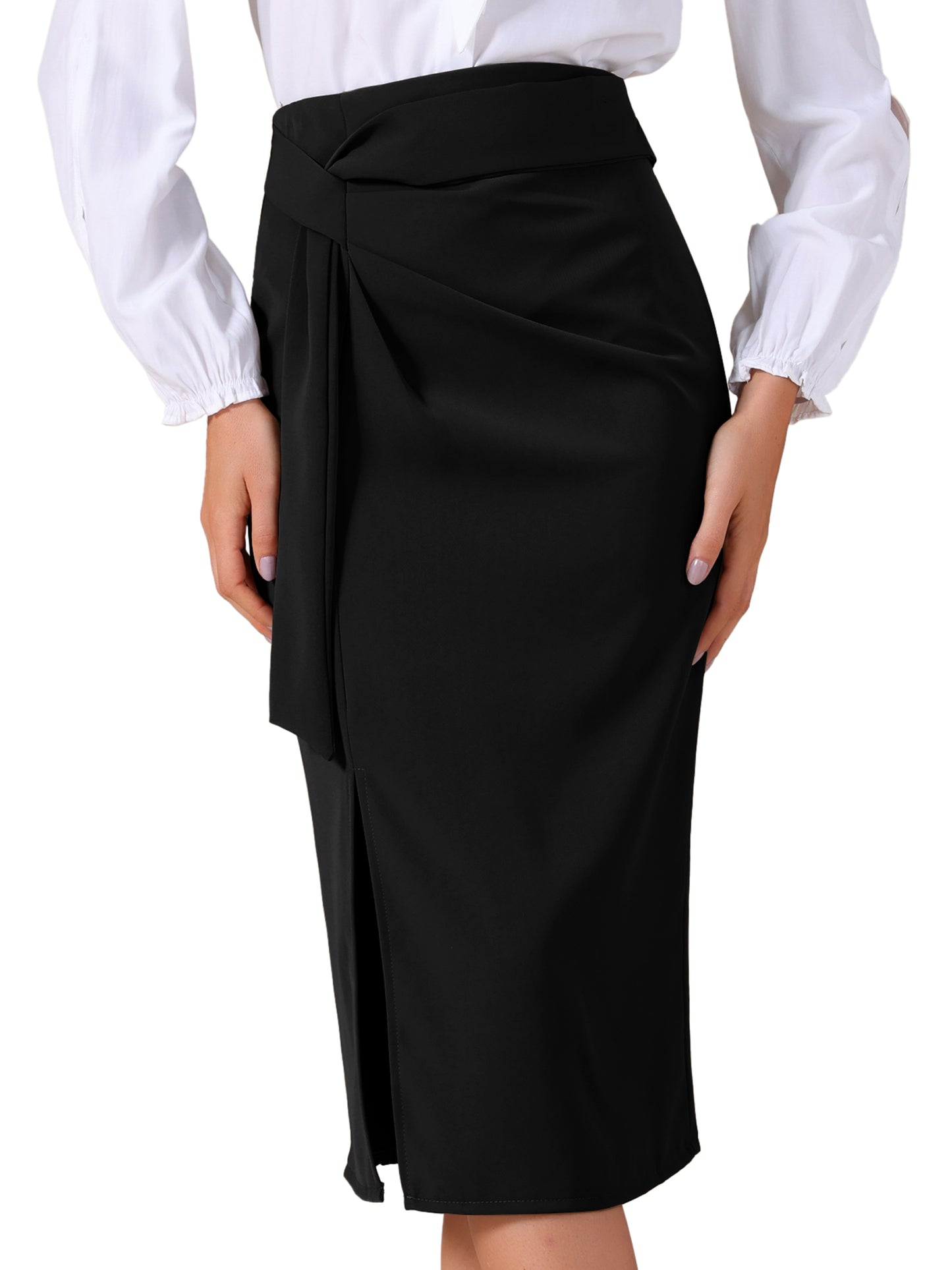 Women's Straight Knot Twist Office Work Tie Waist Midi Skirt
