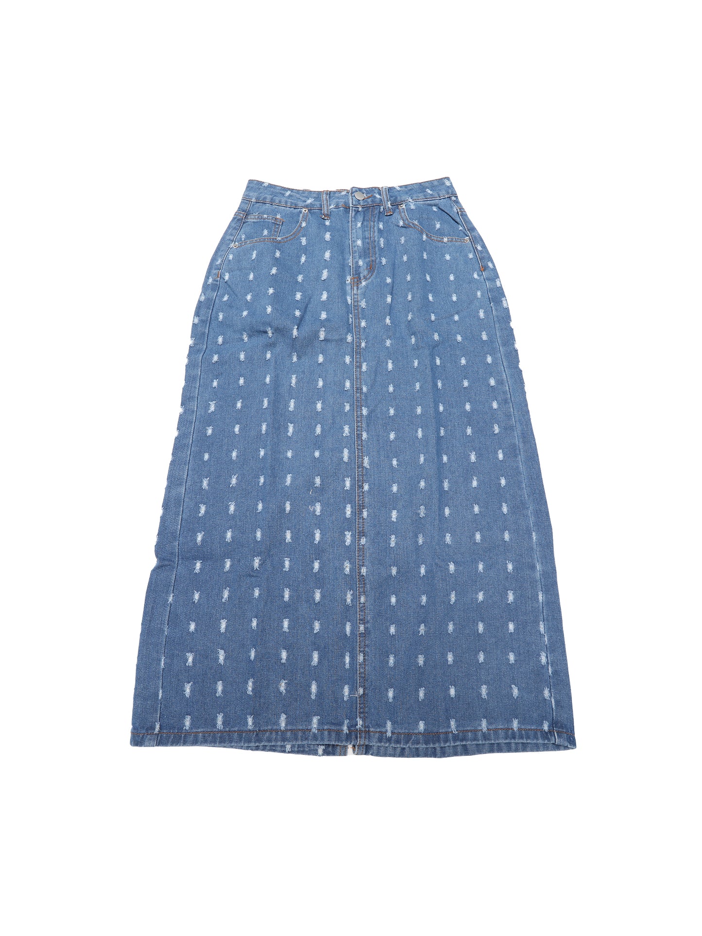 Women High Waisted Swiss Dots Back Slit Jean Column Denim Maxi Skirt