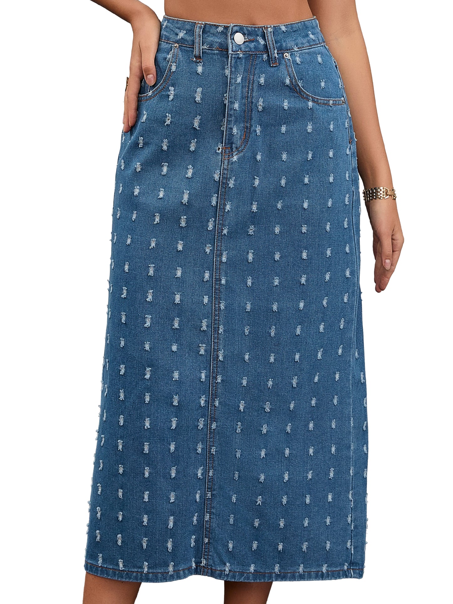 Women High Waisted Swiss Dots Back Slit Jean Column Denim Maxi Skirt