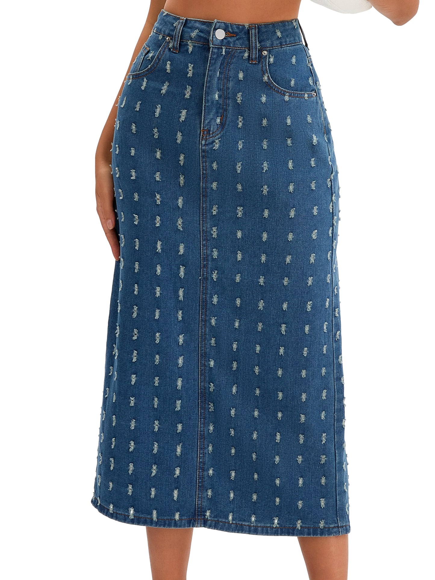 Women High Waisted Swiss Dots Back Slit Jean Column Denim Maxi Skirt