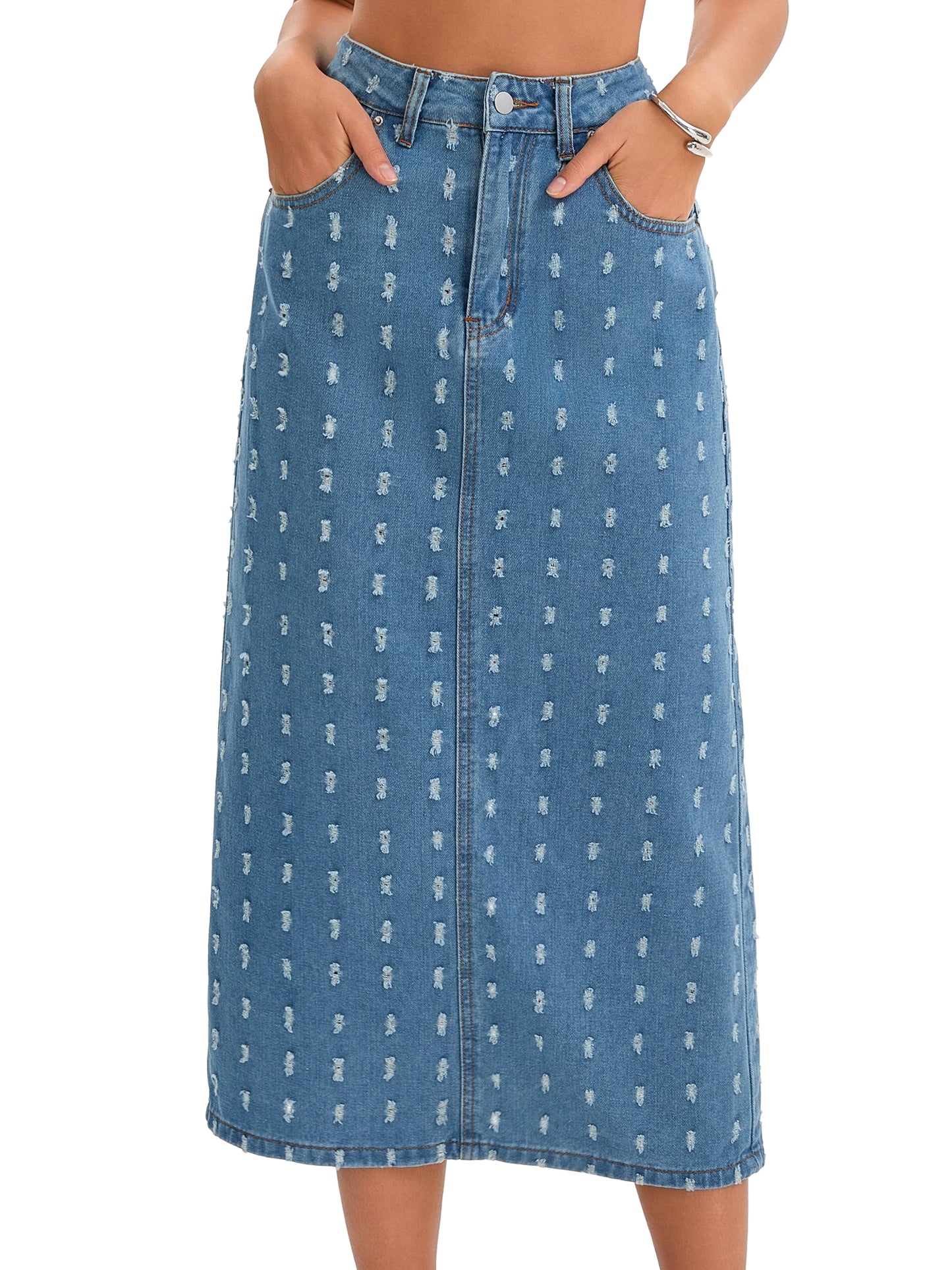 Women High Waisted Swiss Dots Back Slit Jean Column Denim Maxi Skirt
