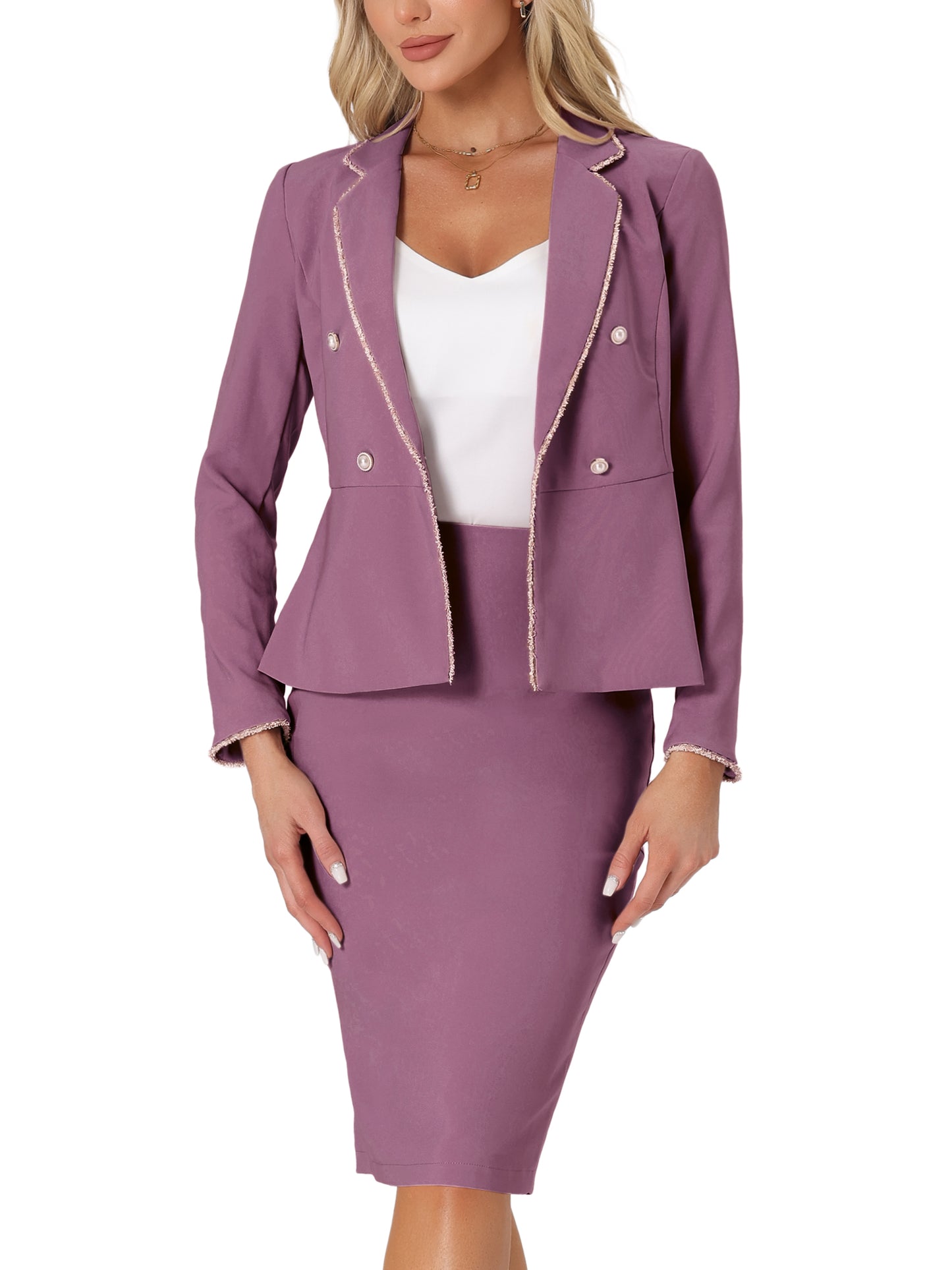 Women's 2 Piece Suit Skirt Set Tweed Trim Blazer Knee Length Pencil Skirt Business Office Wear