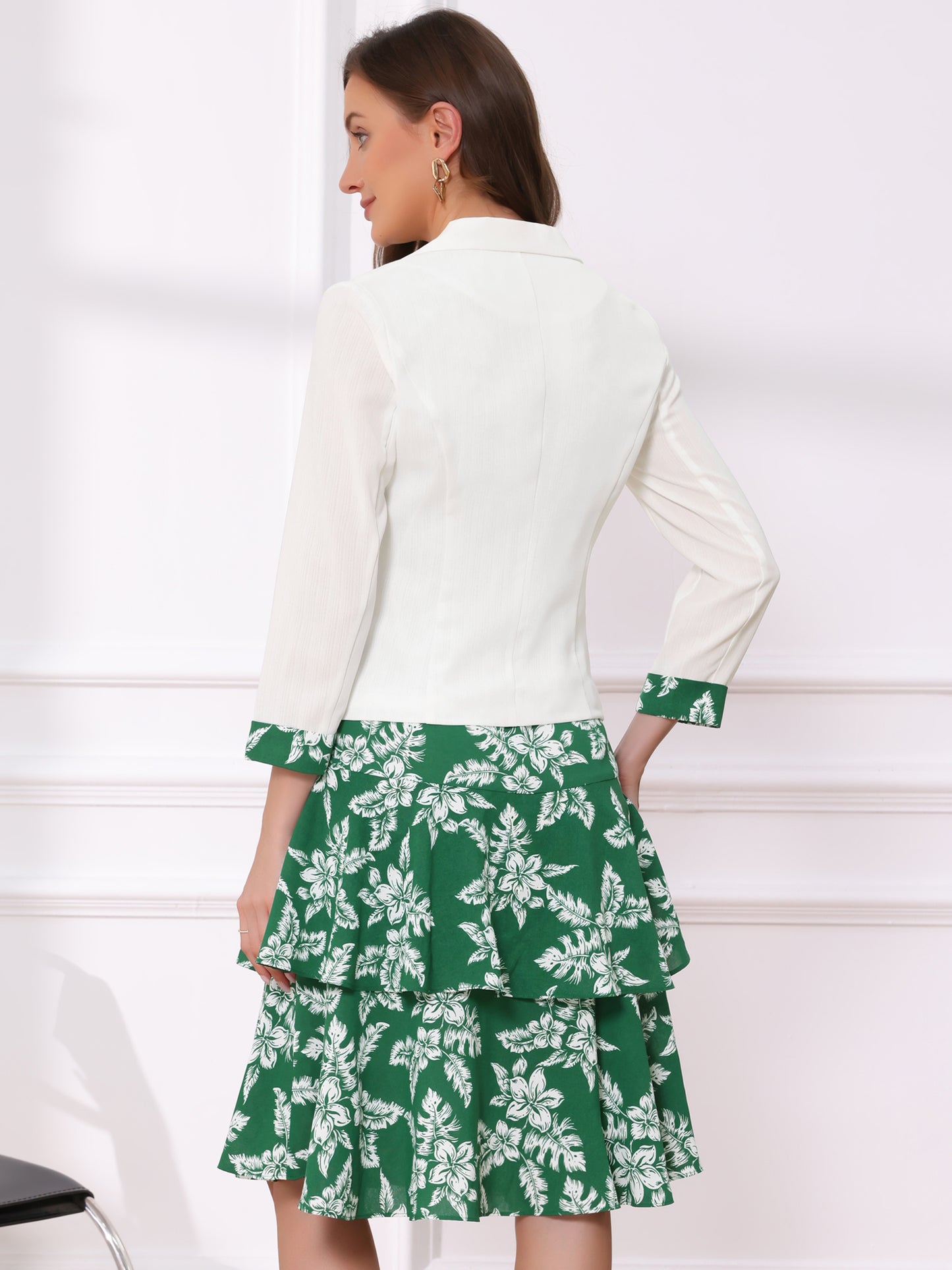 Women's Dress Suit Set Chiffon V Neck Floral Print Dress Contrast Panel Work Blazer