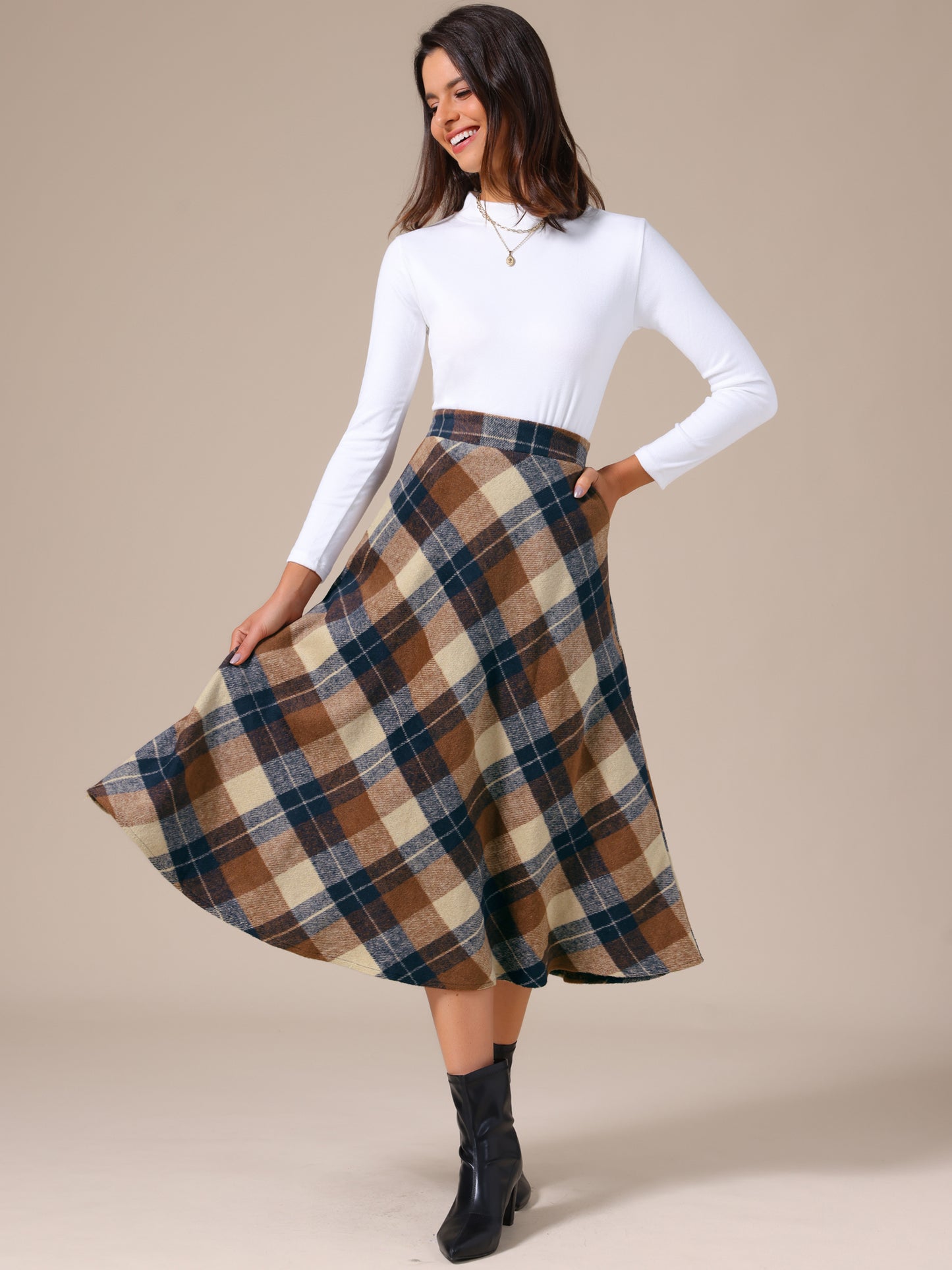 Falda larga estilo A con cintura alta y bolsillos a cuadros vintage para mujer