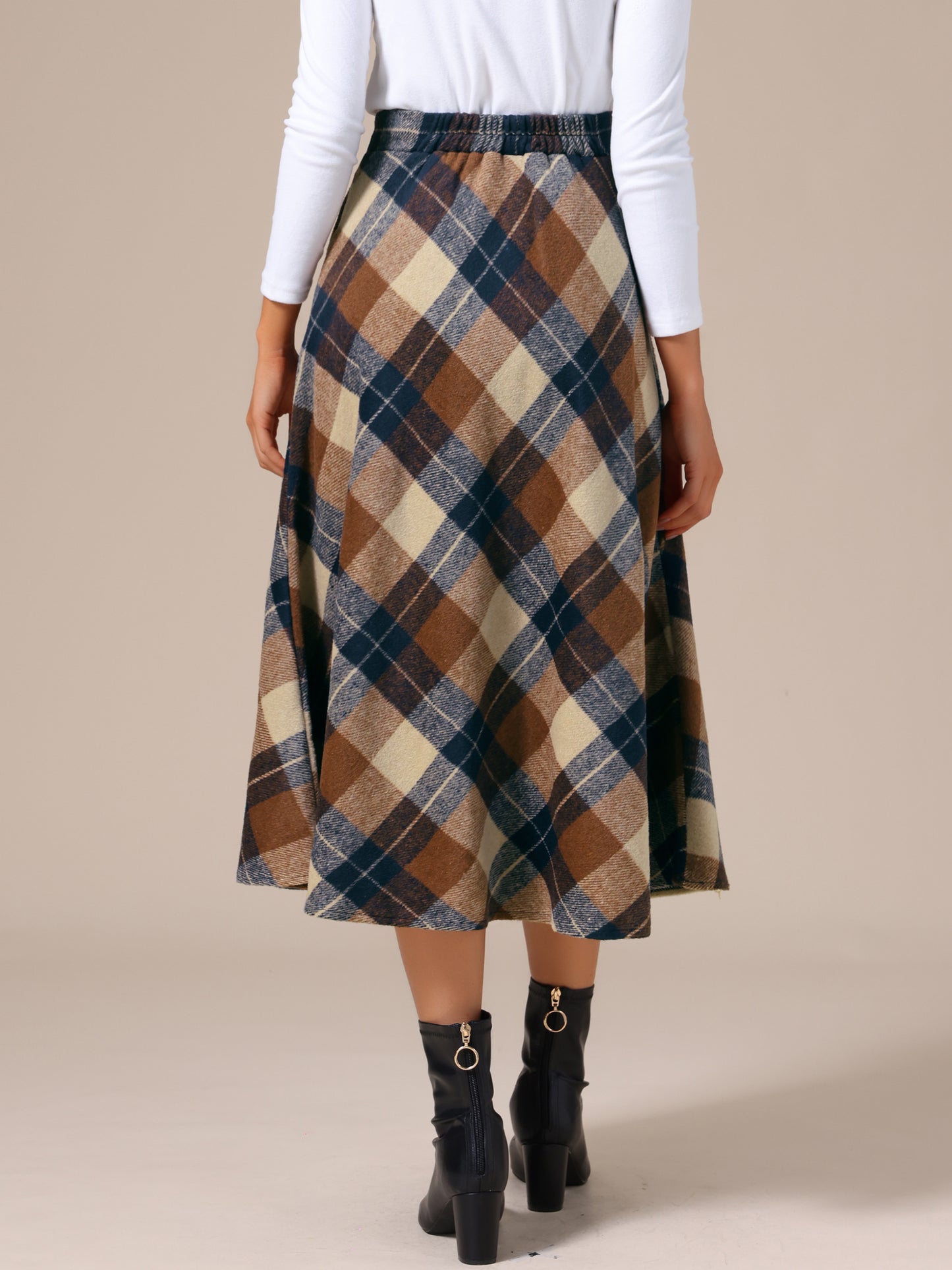 Women's Vintage Plaid High Waist A-Line Long Maxi Skirt with Pockets