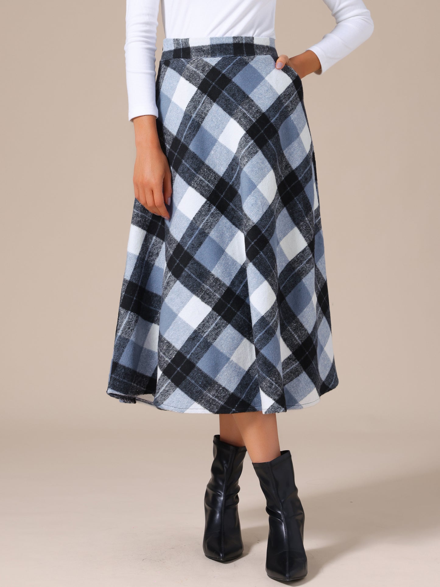 Falda larga estilo A con cintura alta y bolsillos a cuadros vintage para mujer