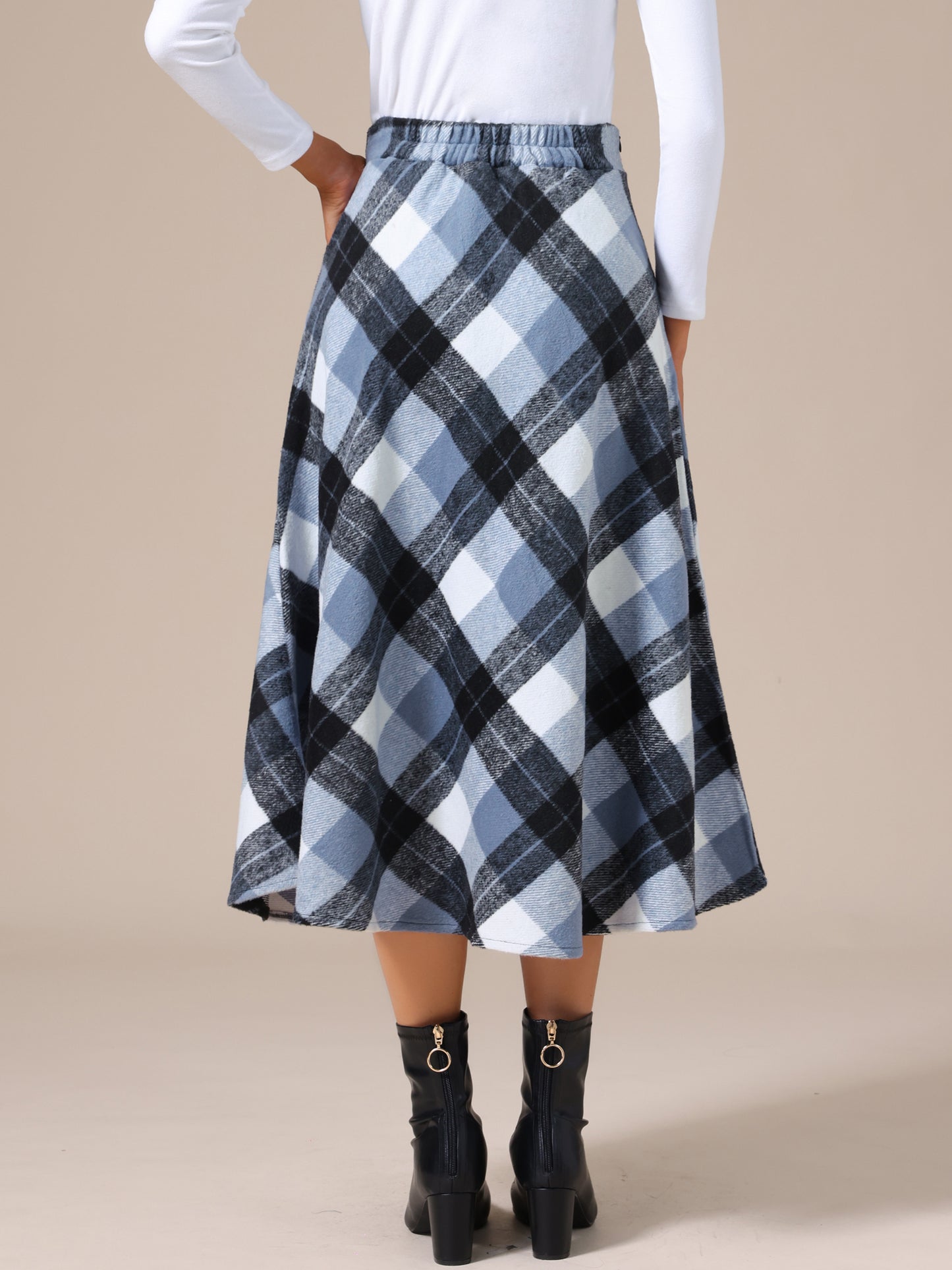 Falda larga estilo A con cintura alta y bolsillos a cuadros vintage para mujer