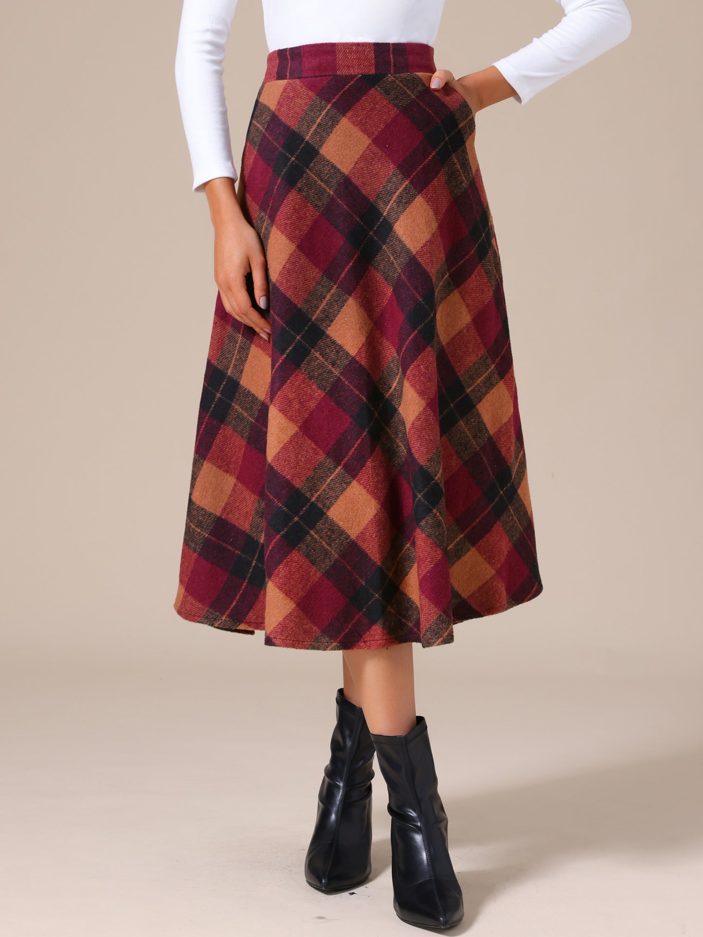 Falda larga estilo A con cintura alta y bolsillos a cuadros vintage para mujer
