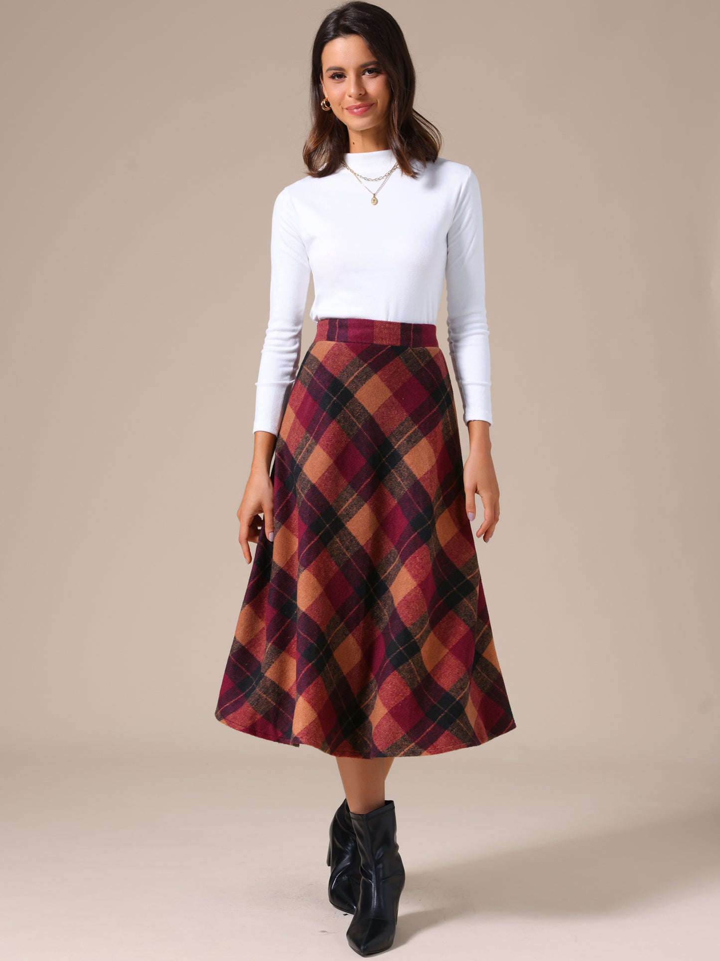 Falda larga estilo A con cintura alta y bolsillos a cuadros vintage para mujer