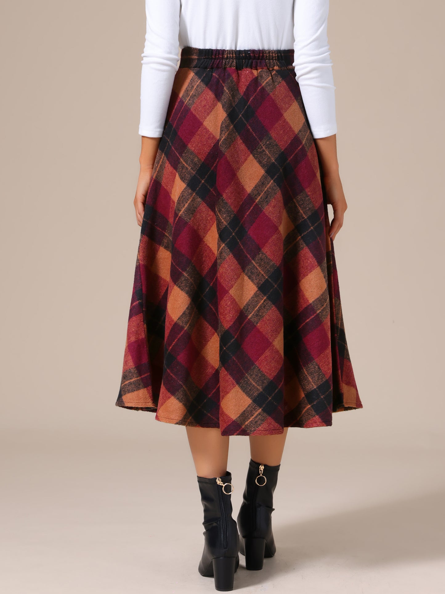 Falda larga estilo A con cintura alta y bolsillos a cuadros vintage para mujer