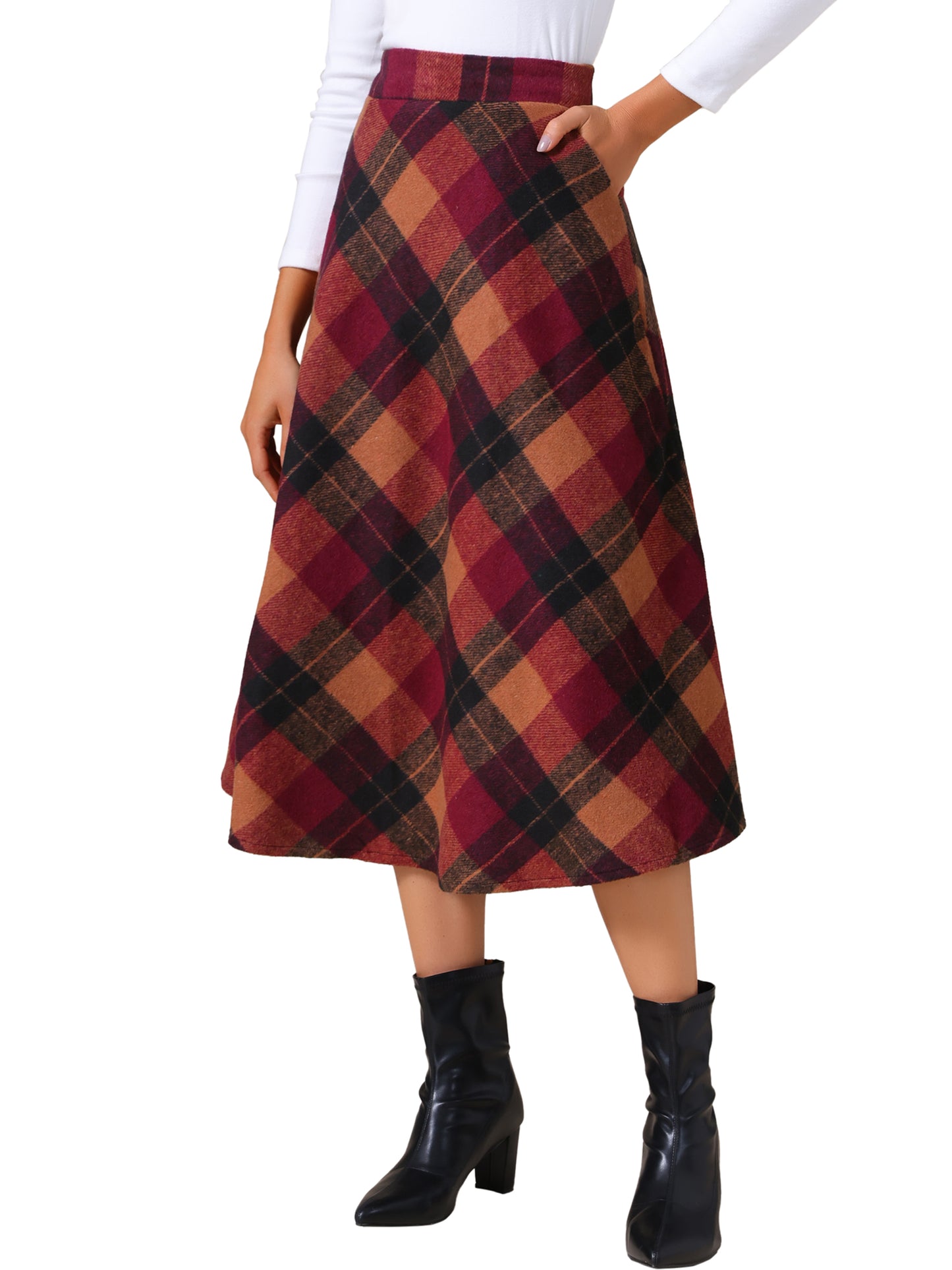 Falda larga estilo A con cintura alta y bolsillos a cuadros vintage para mujer
