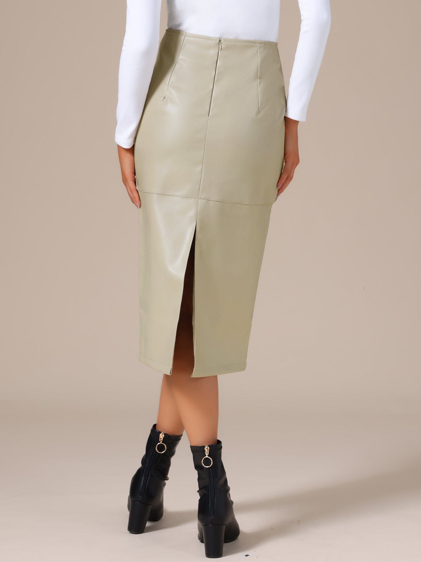 Women's PU Leather High Waist Split Back Bodycon Pencil Midi Skirt