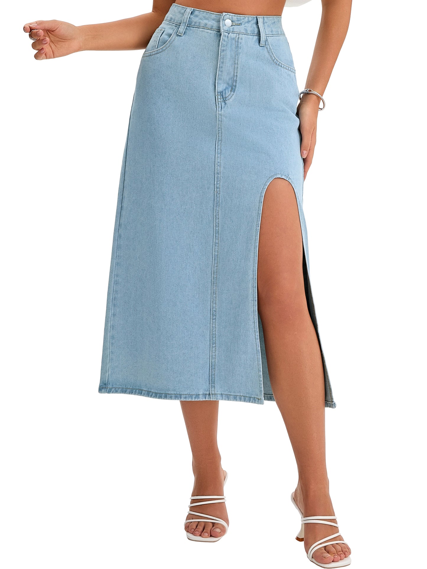 Women's Slit High Waist A-Line Thigh Split Midi Denim Skirt