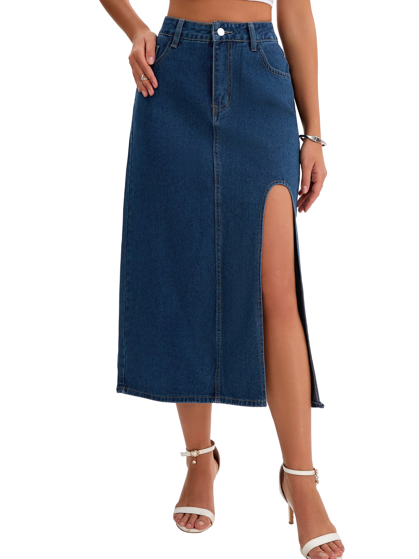 Women's Slit High Waist A-Line Thigh Split Midi Denim Skirt