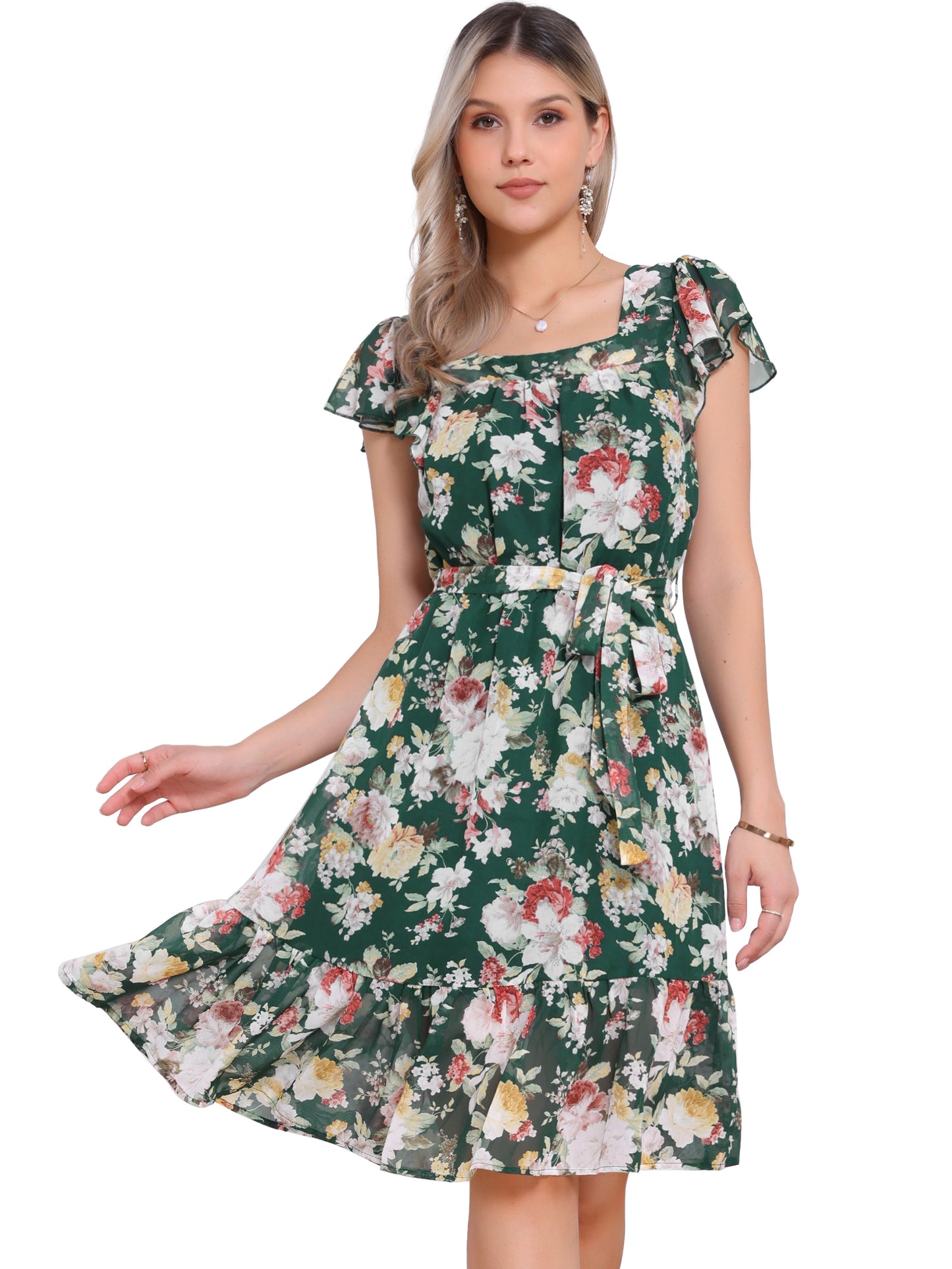Women's Midi Floral Chiffon Dress Flutter Sleeve Belted Square Neck Ruffled Dress (Available in Plus Size)