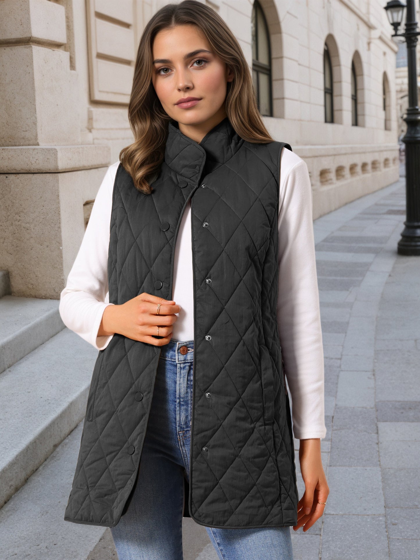 Women's Winter Long Stand Collar Sleeveless Puffy Lightweight Gilet Quilted Puffer Vest