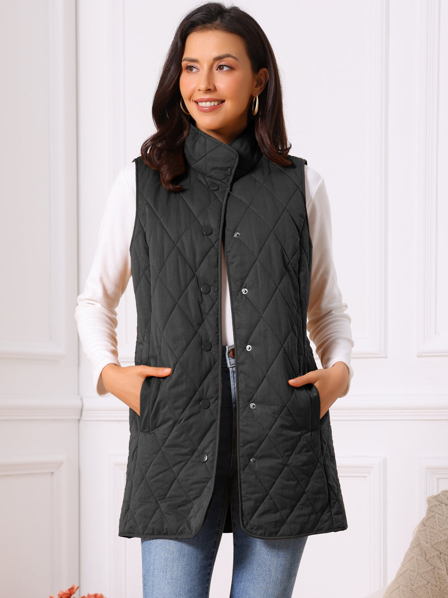 Women's Winter Long Stand Collar Sleeveless Puffy Lightweight Gilet Quilted Puffer Vest