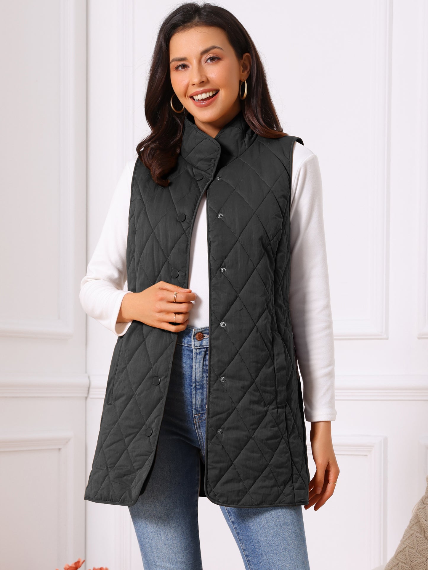 Women's Winter Long Stand Collar Sleeveless Puffy Lightweight Gilet Quilted Puffer Vest