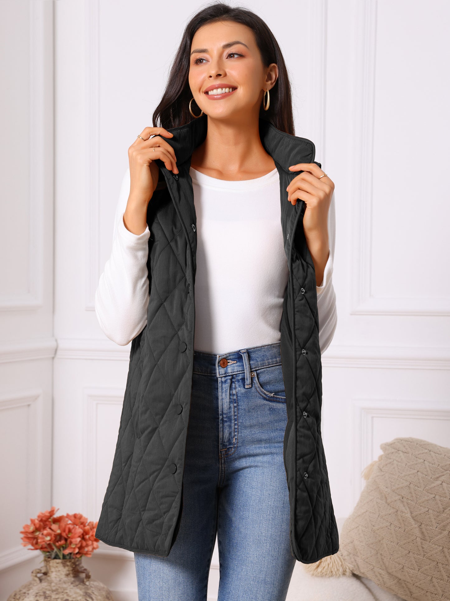 Women's Winter Long Stand Collar Sleeveless Puffy Lightweight Gilet Quilted Puffer Vest