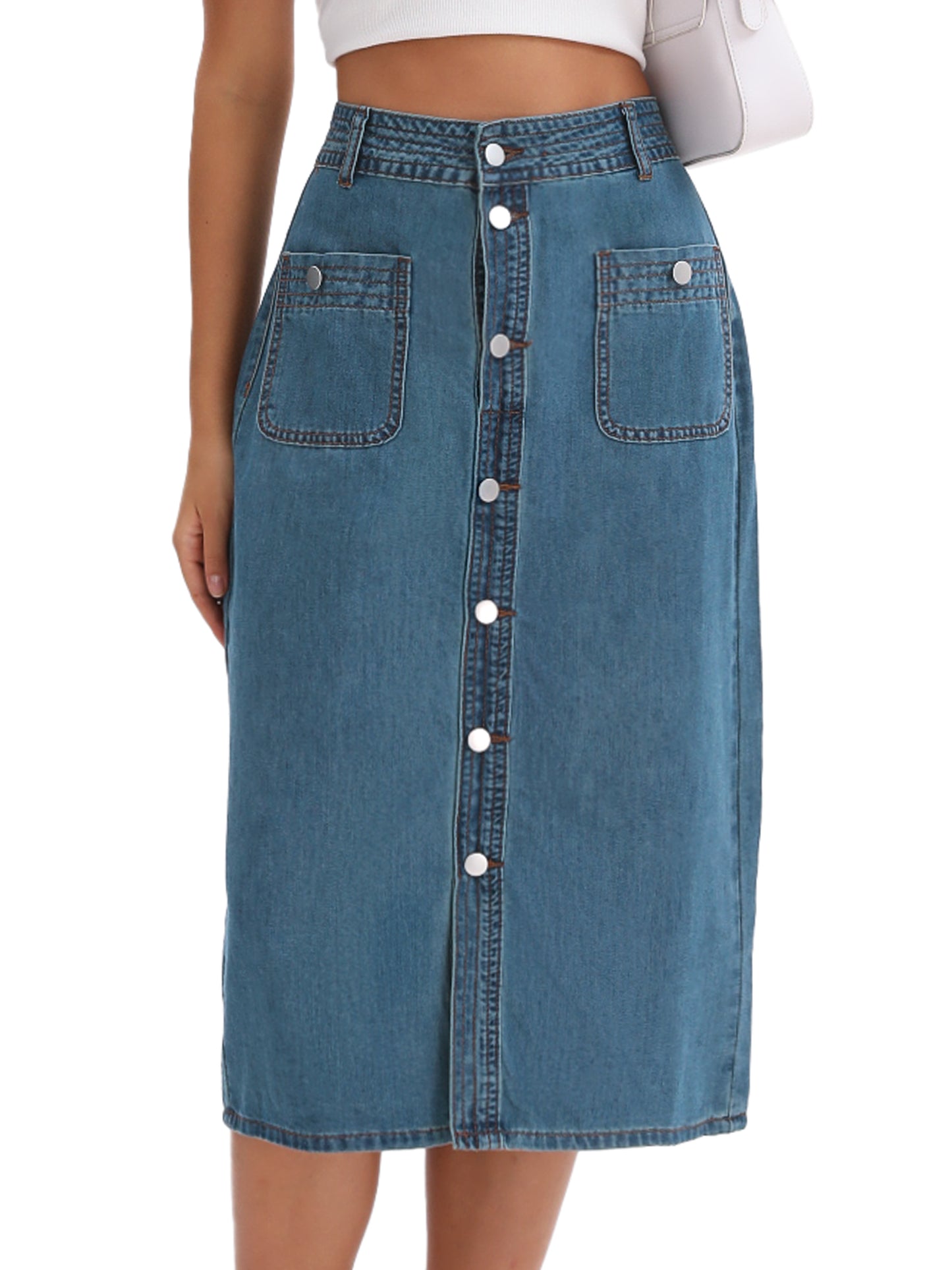 Women's Denim Button Down Front Slit High Waist Pencil Midi Skirt