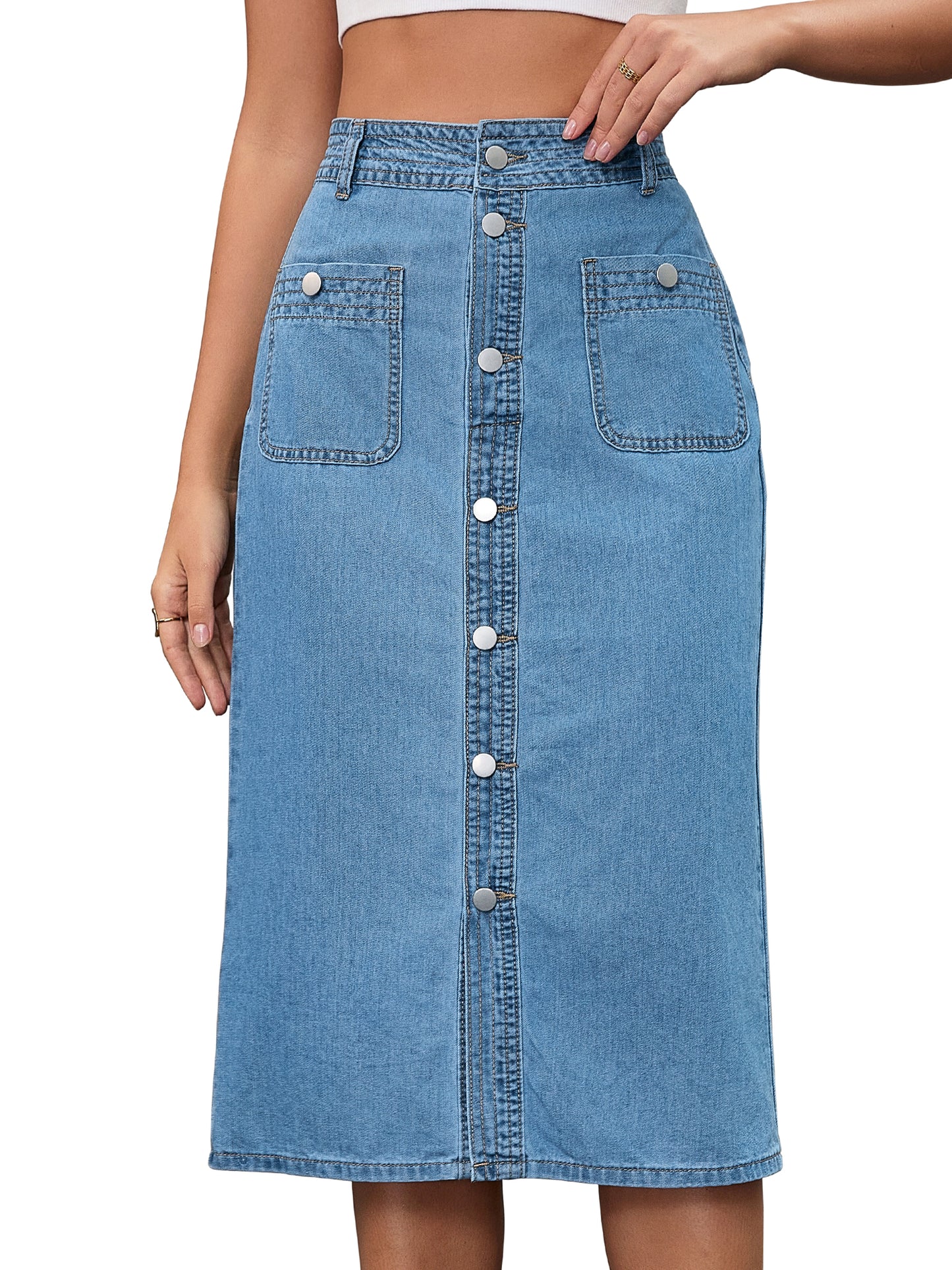 Women's Denim Button Down Front Slit High Waist Pencil Midi Skirt