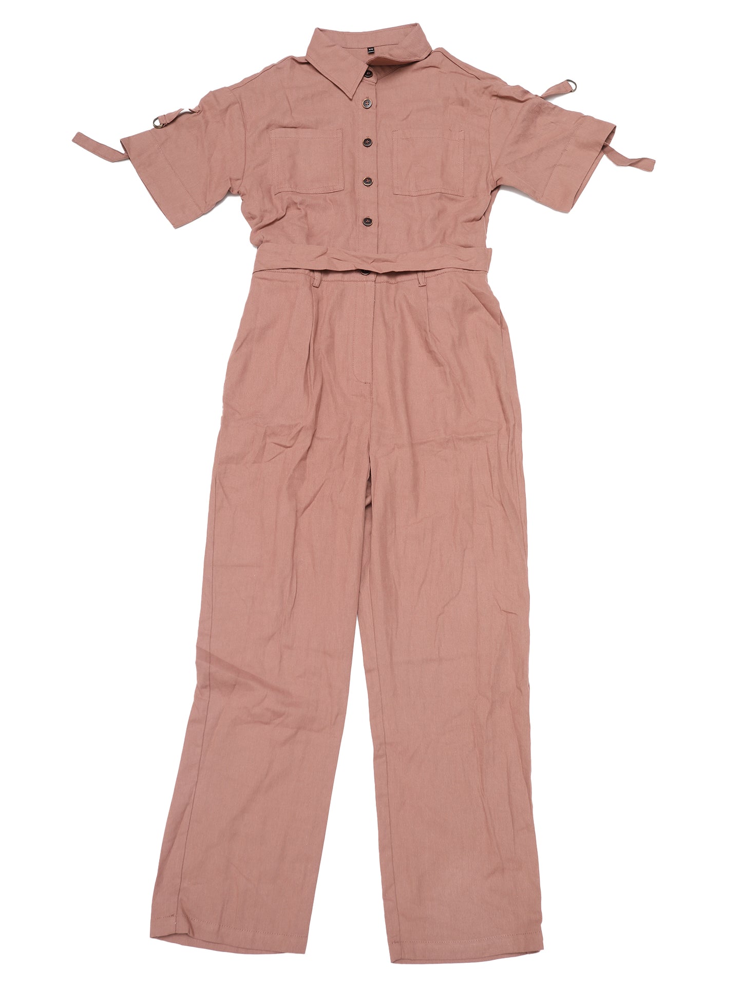 Mono cargo de algodón con cuello, manga corta y botones para mujer, con lazo en la cintura