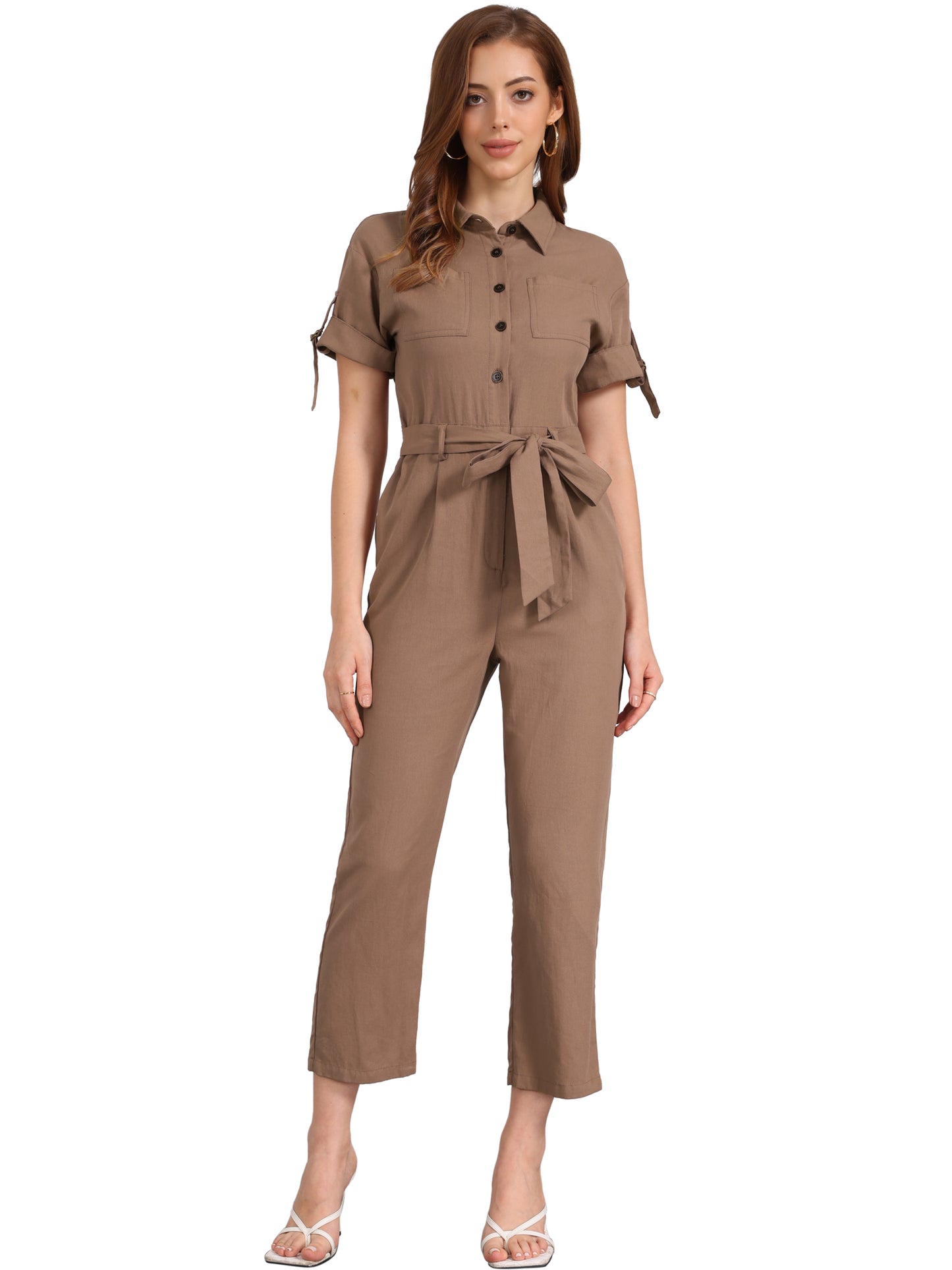 Mono cargo de algodón con cuello, manga corta y botones para mujer, con lazo en la cintura