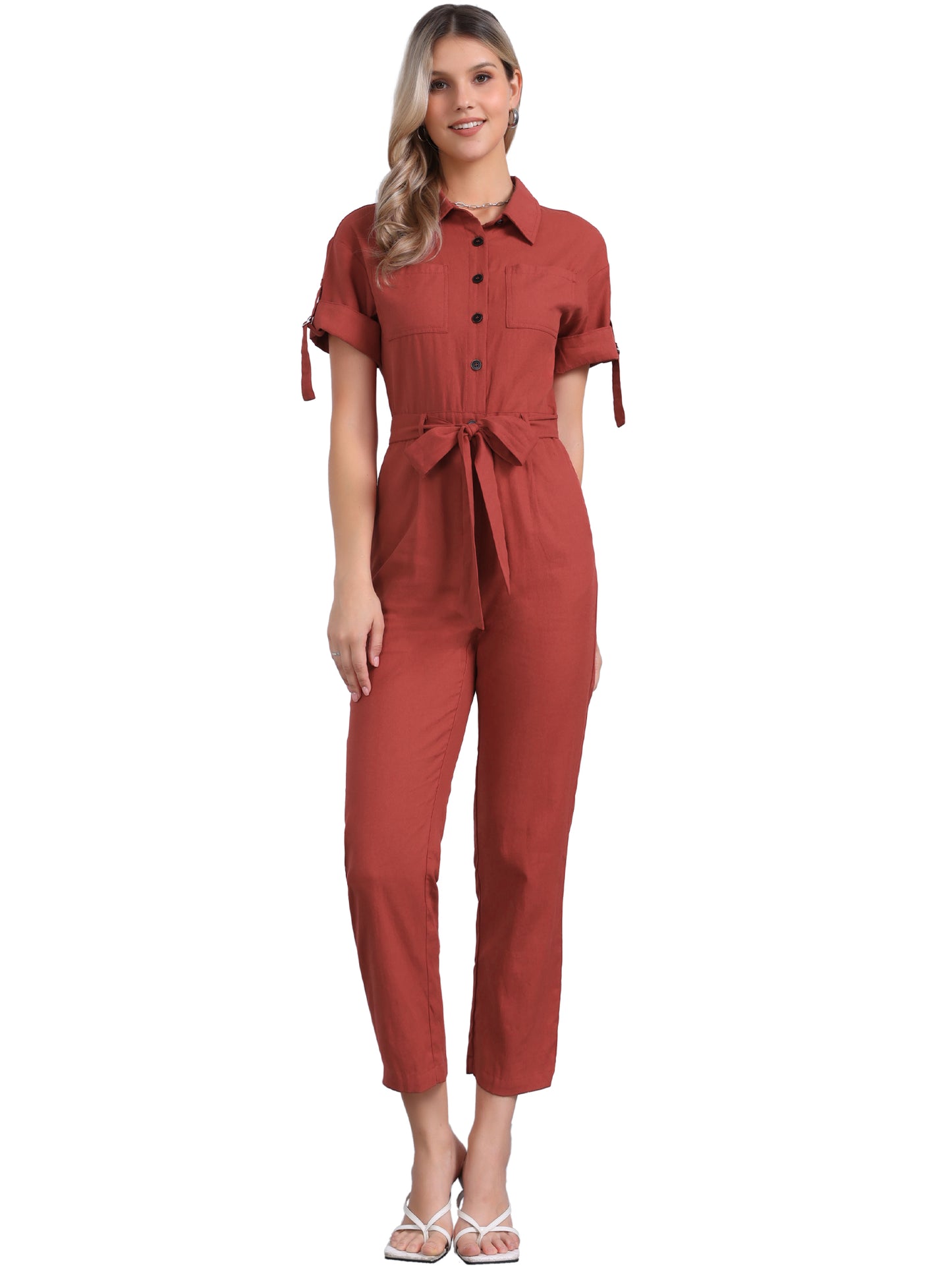 Women's Short Sleeve Collared Cropped Coverall Button Down Tie Waist Cotton Cargo Jumpsuit