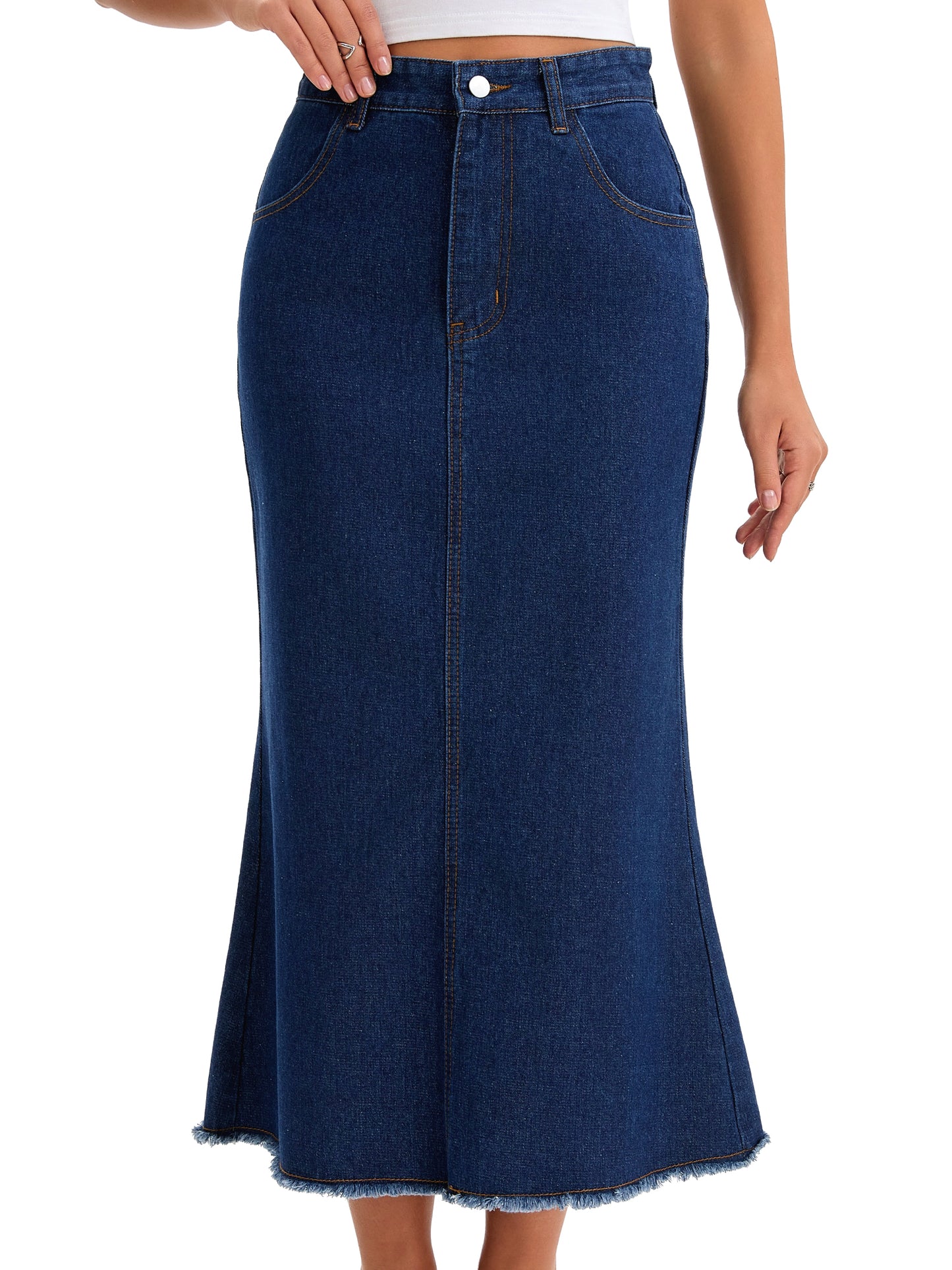 Women A Line High Waisted Raw Hem Casual Denim Maxi Skirt