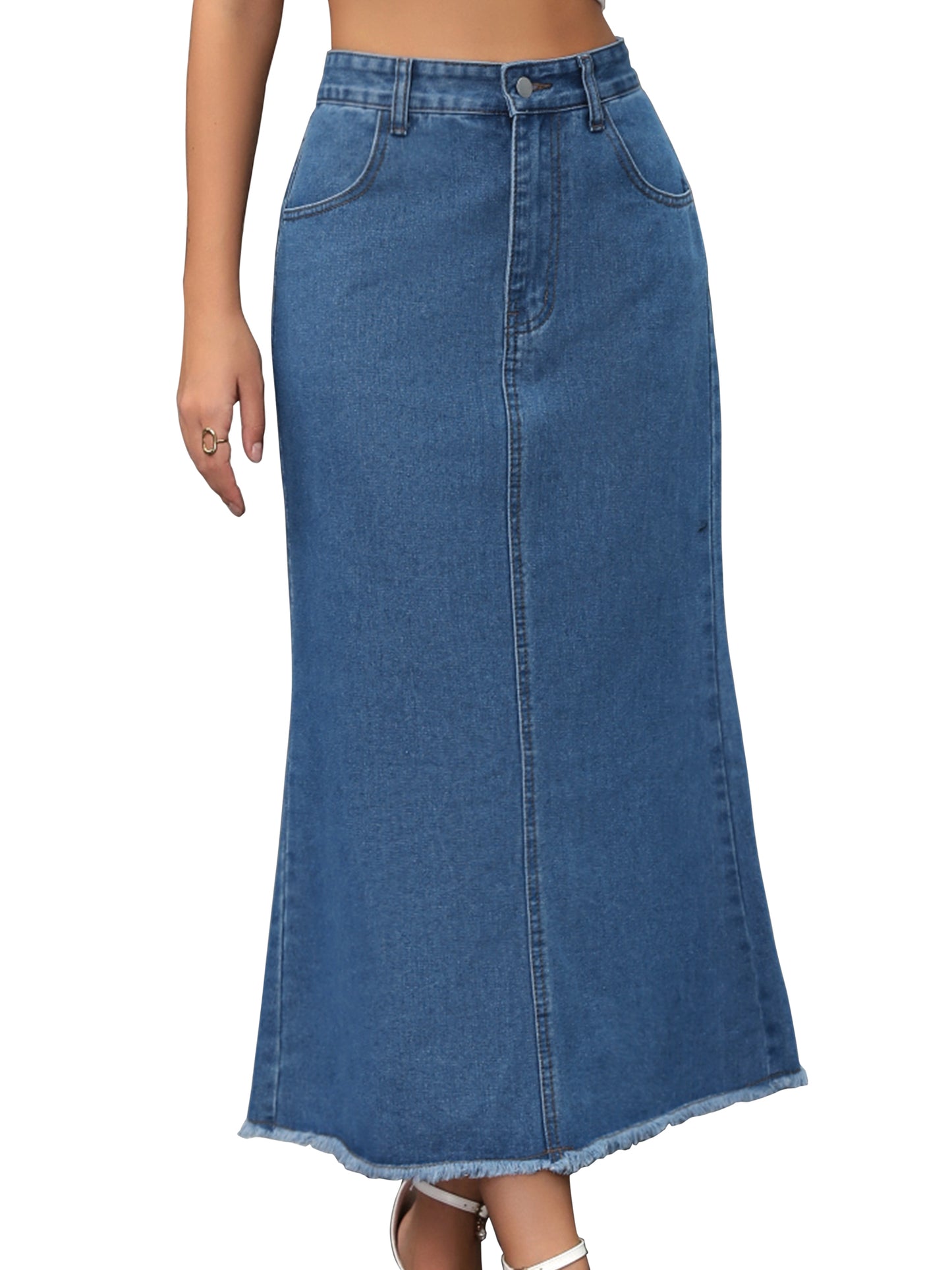 Women A Line High Waisted Raw Hem Casual Denim Maxi Skirt