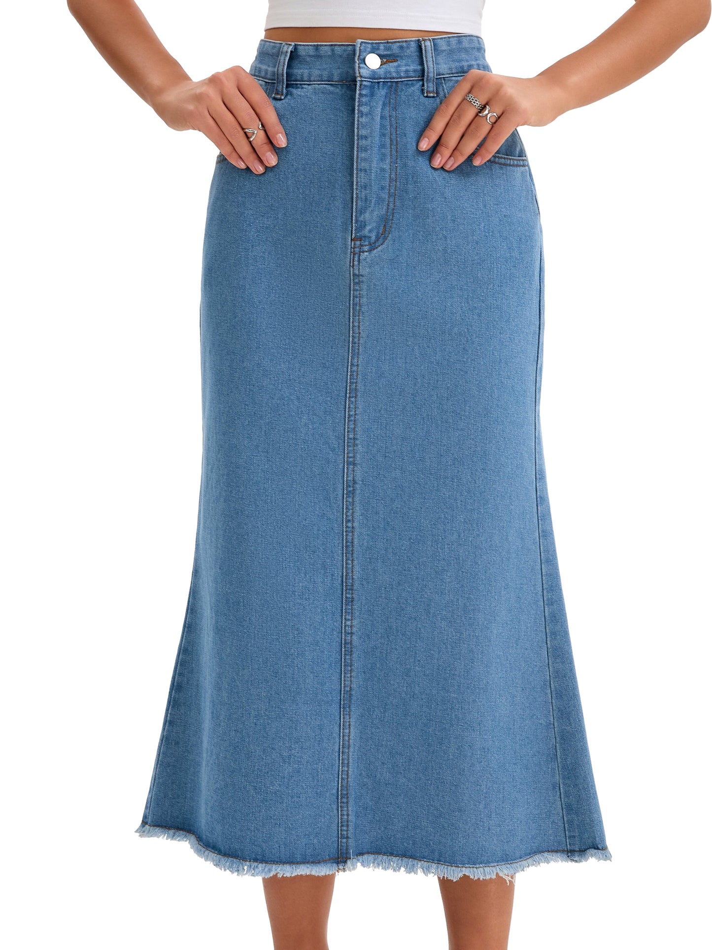 Women A Line High Waisted Raw Hem Casual Denim Maxi Skirt
