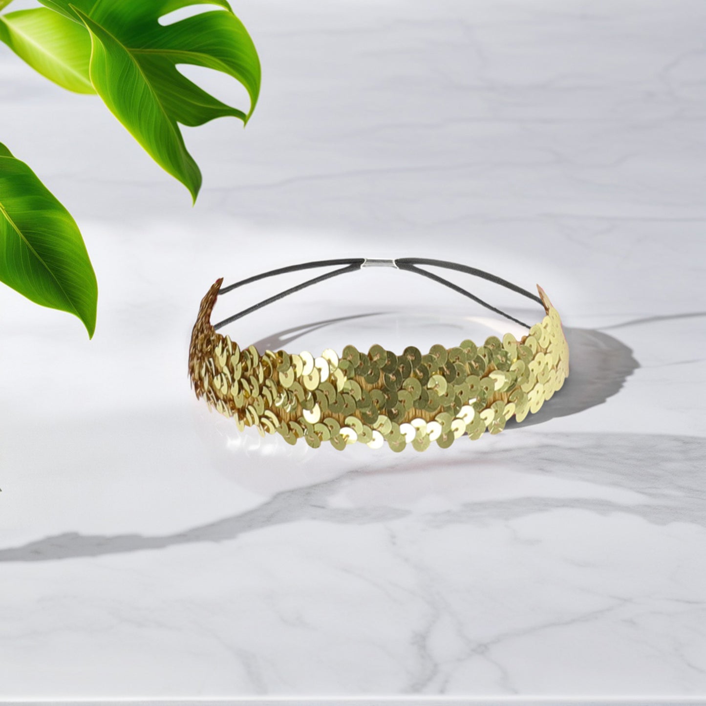 Elastic Band Sequins Headbands for Women Gold Tone 1 Pc