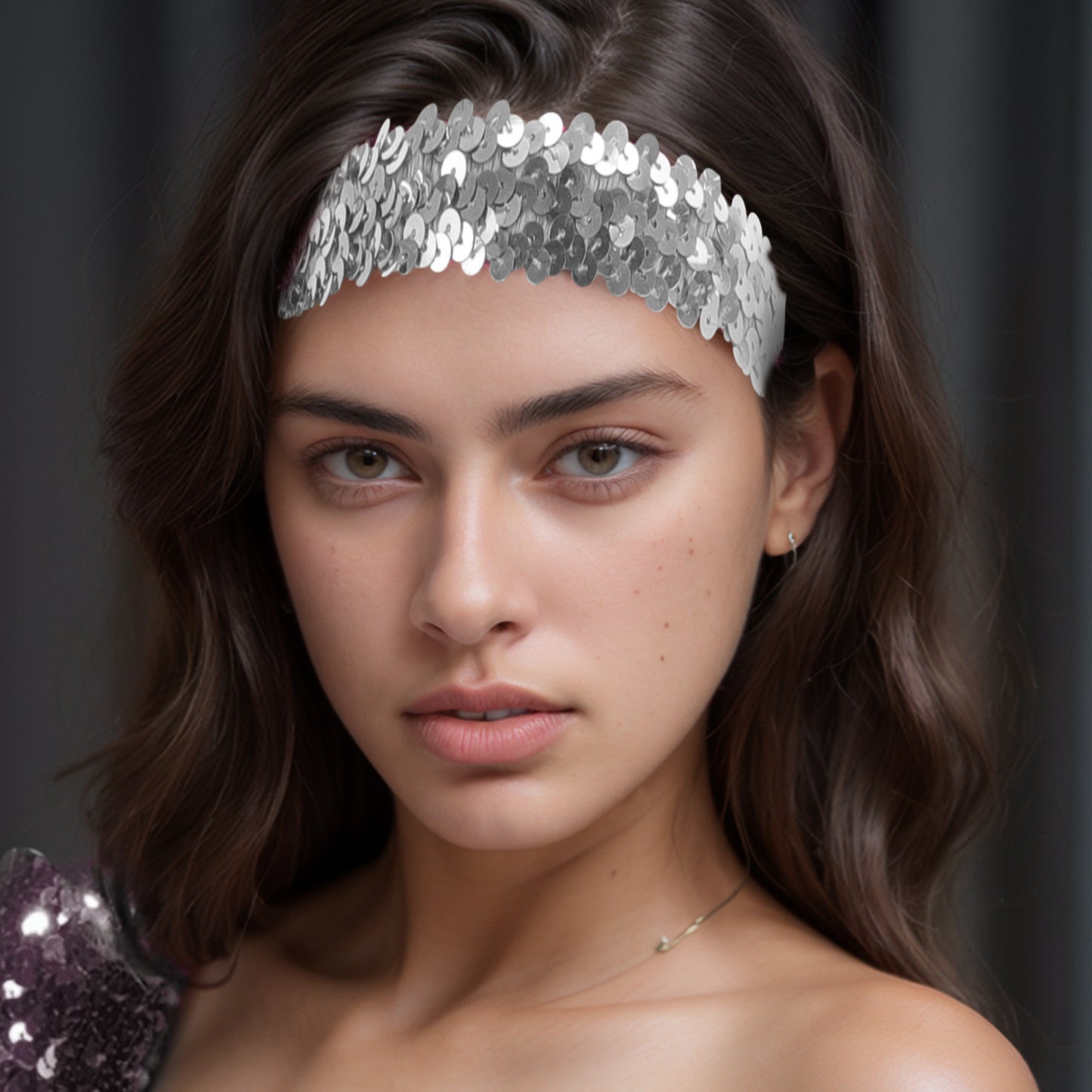 Elastic Band Sequins Headbands for Women Silver Tone 1 Pc