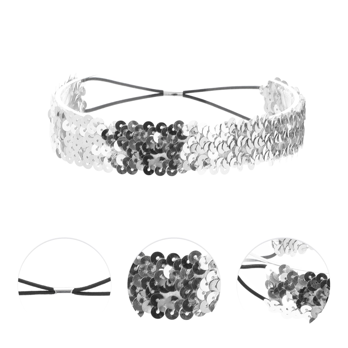 Elastic Band Sequins Headbands for Women Silver Tone 1 Pc