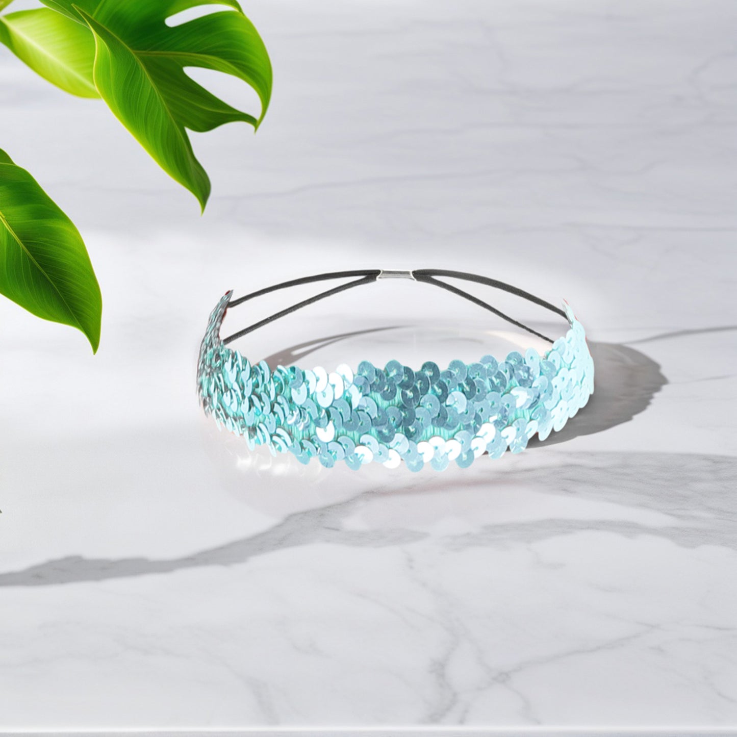 Diademas elásticas con lentejuelas para mujer, color azul claro, 1 unidad