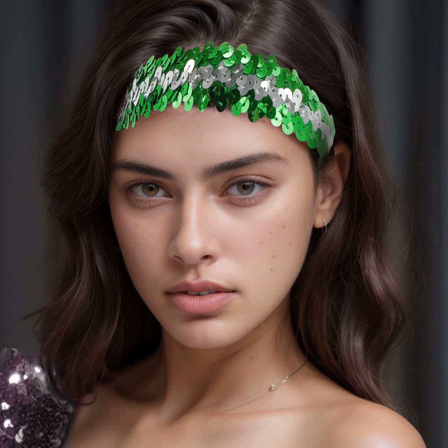 Diademas elásticas con lentejuelas para mujer, color verde y plateado, 1 unidad